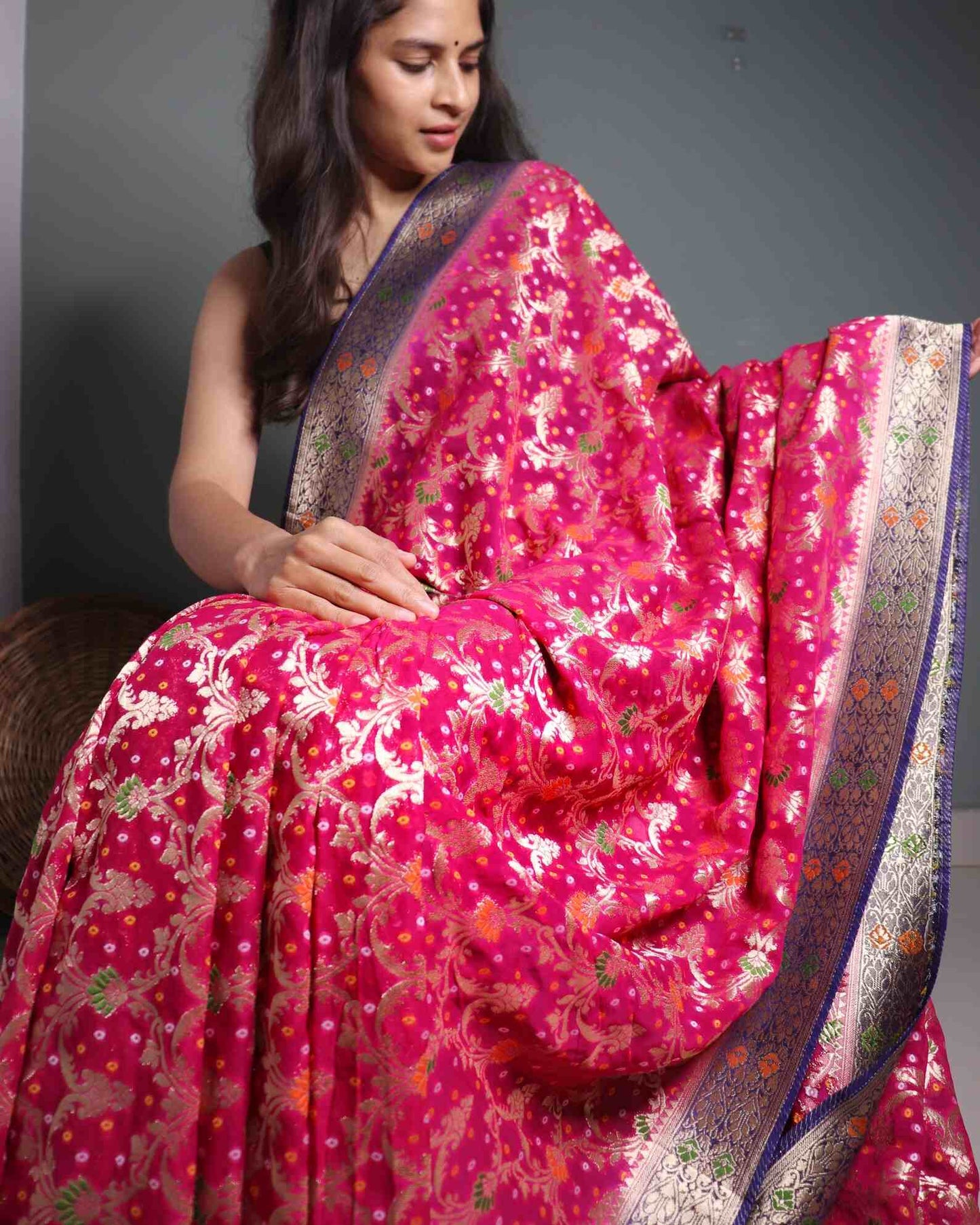 Rani Pink Bandhini Georgette Banarasi Saree