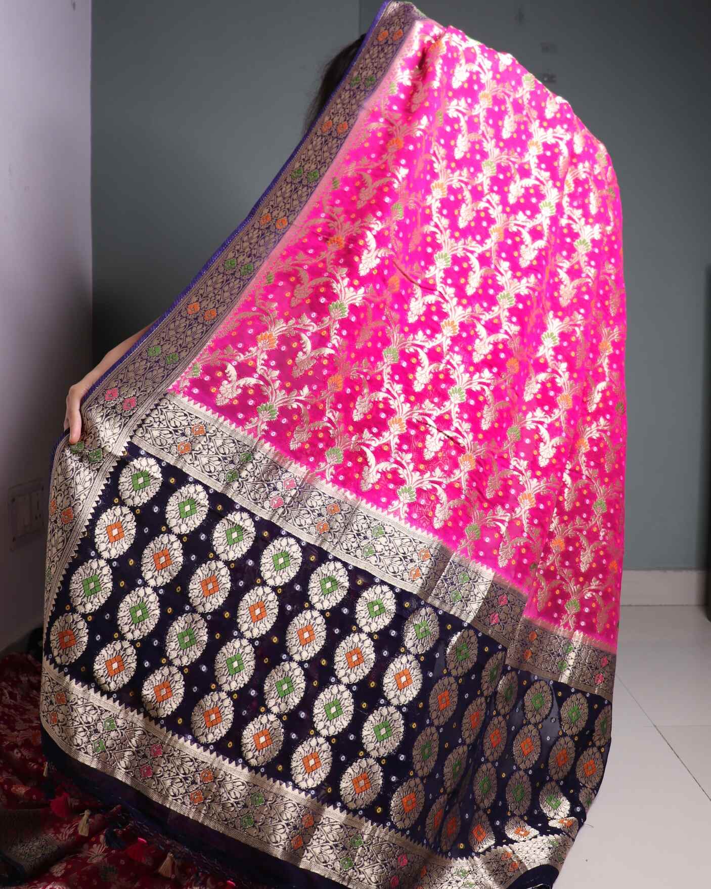 Rani Pink Bandhini Georgette Banarasi Saree