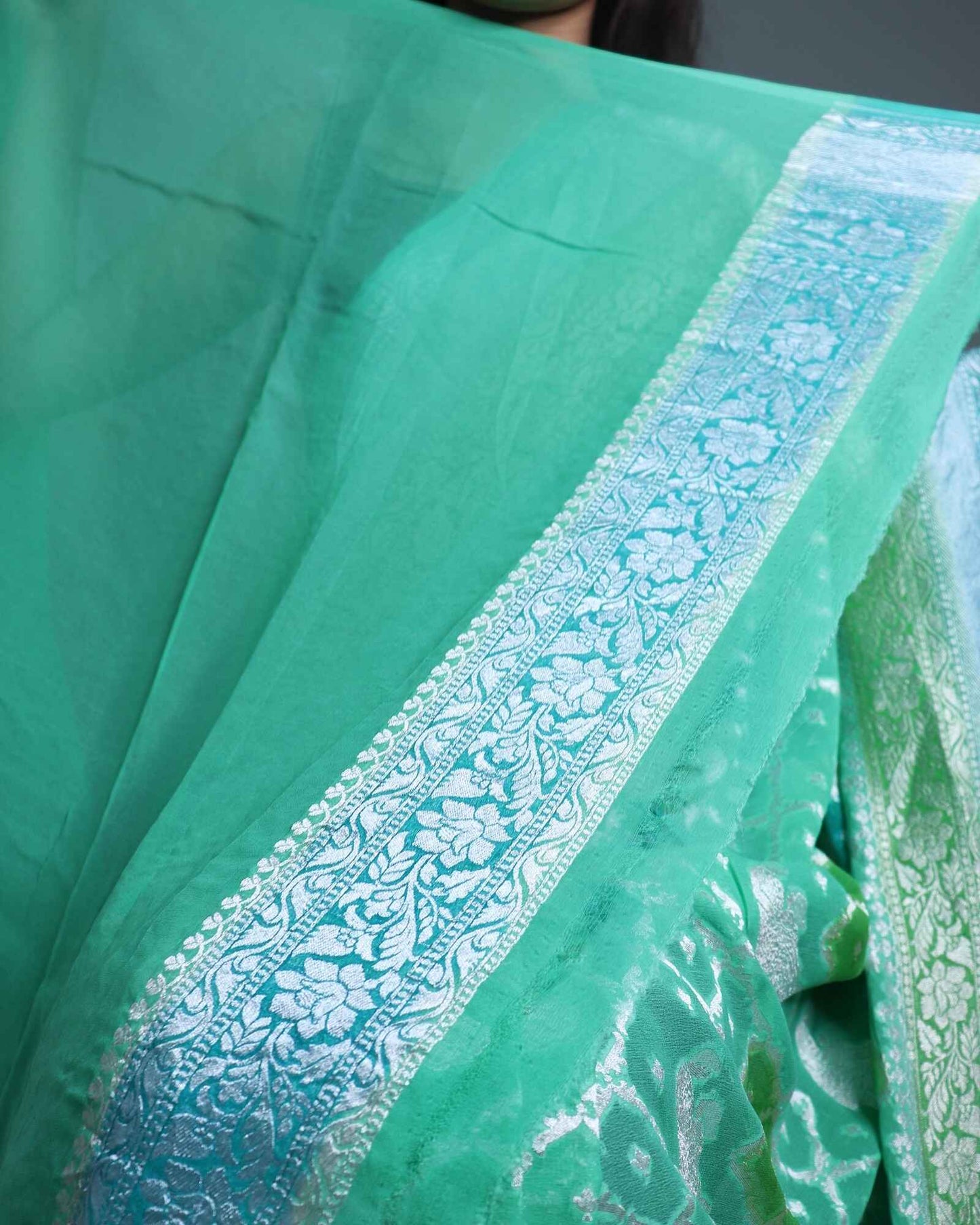 Green Rangkaat Pure Handloom Khadi Georgette Saree