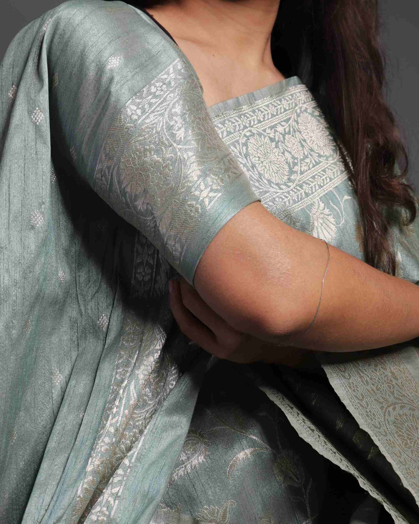 Grey Semi Tussar Silk Banarasi Saree