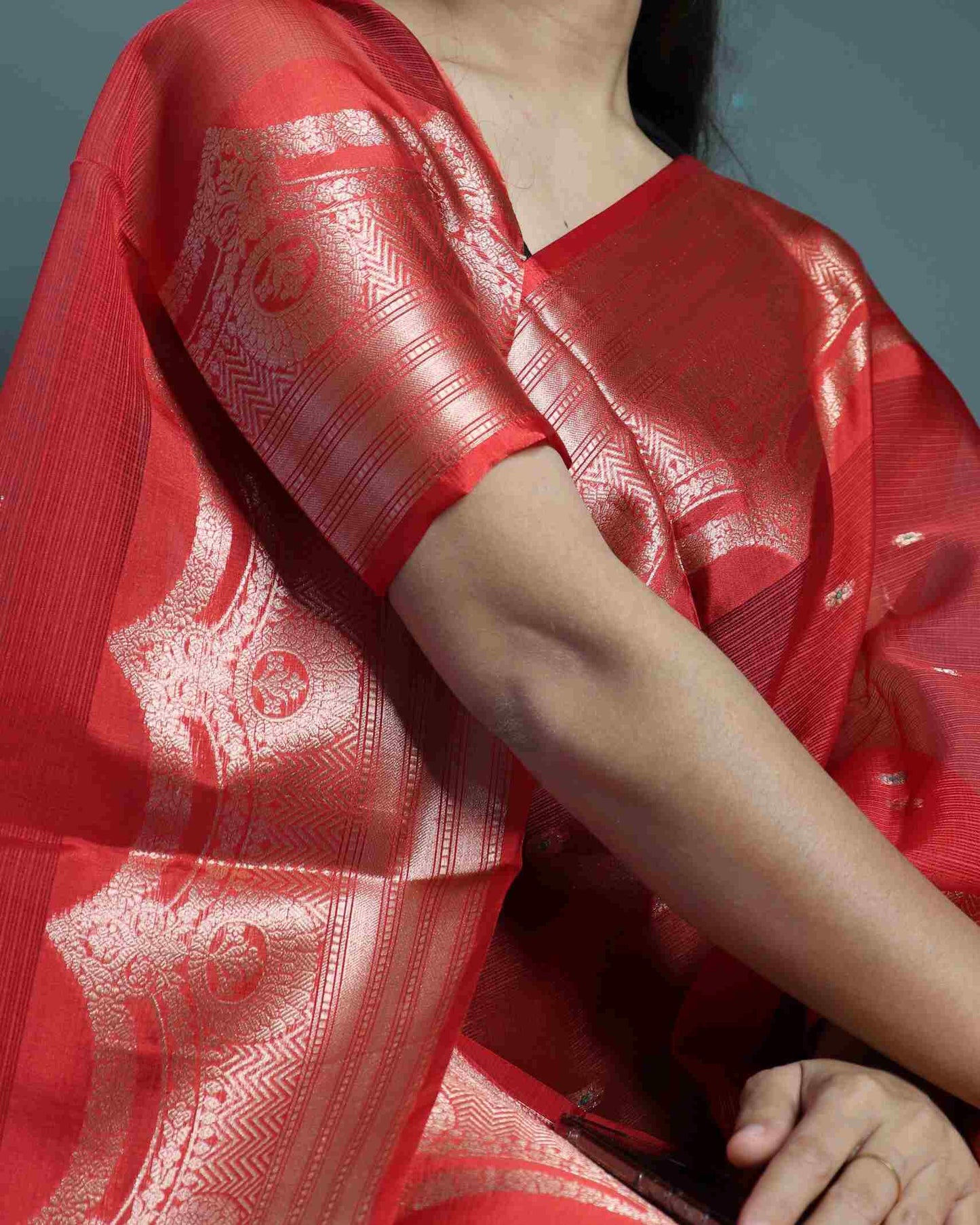 Cherry Red Kota Silk Banarasi Saree