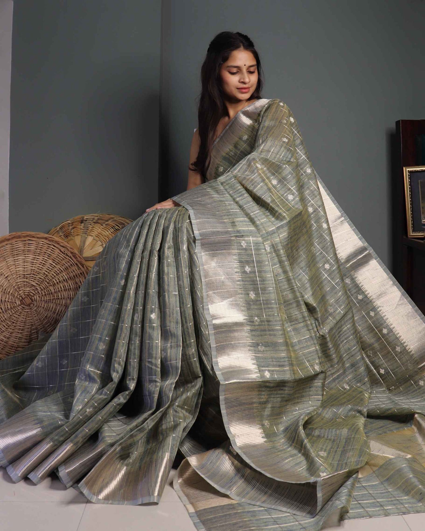 Olive Tussar silk Saree