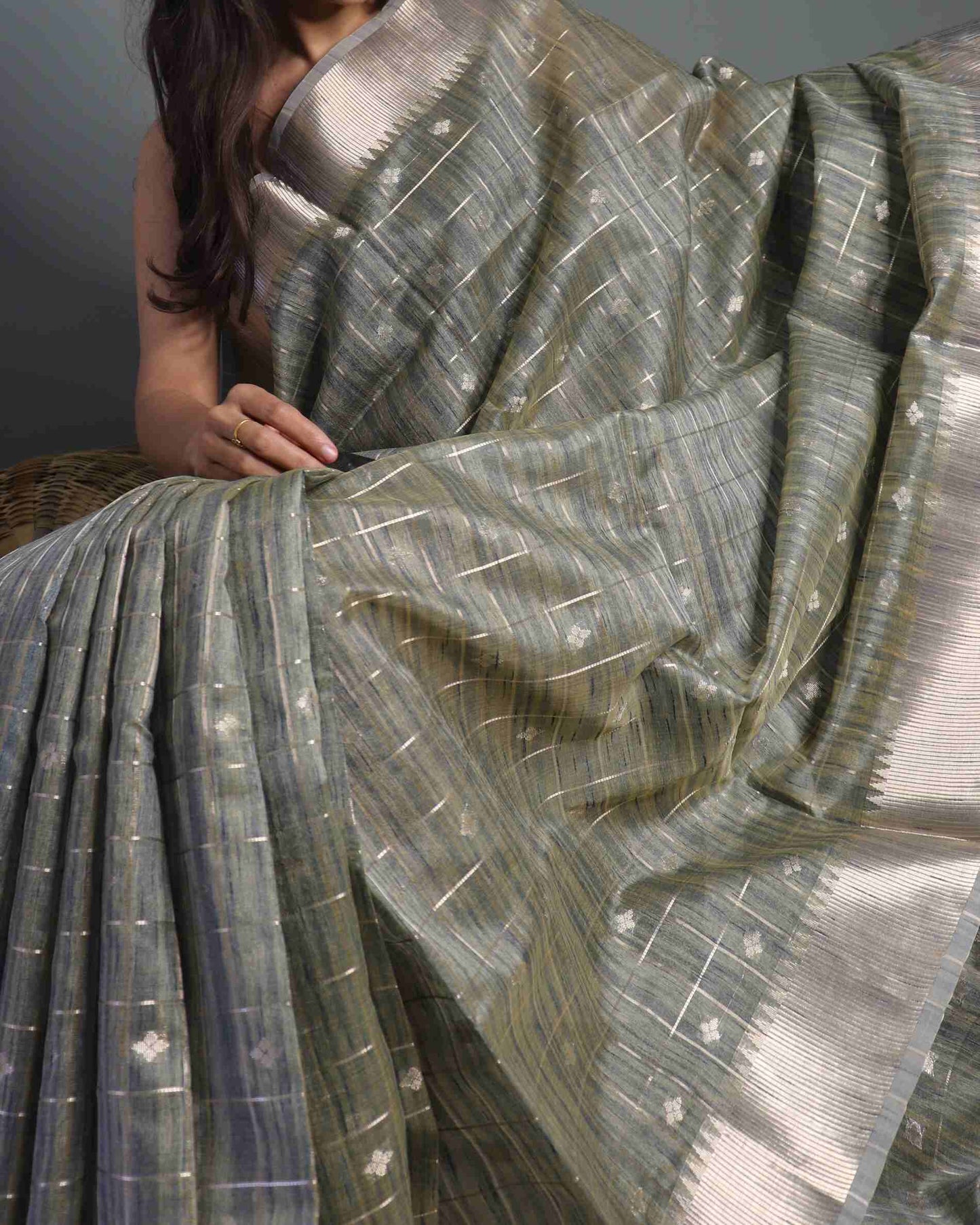 Olive Tussar silk Saree