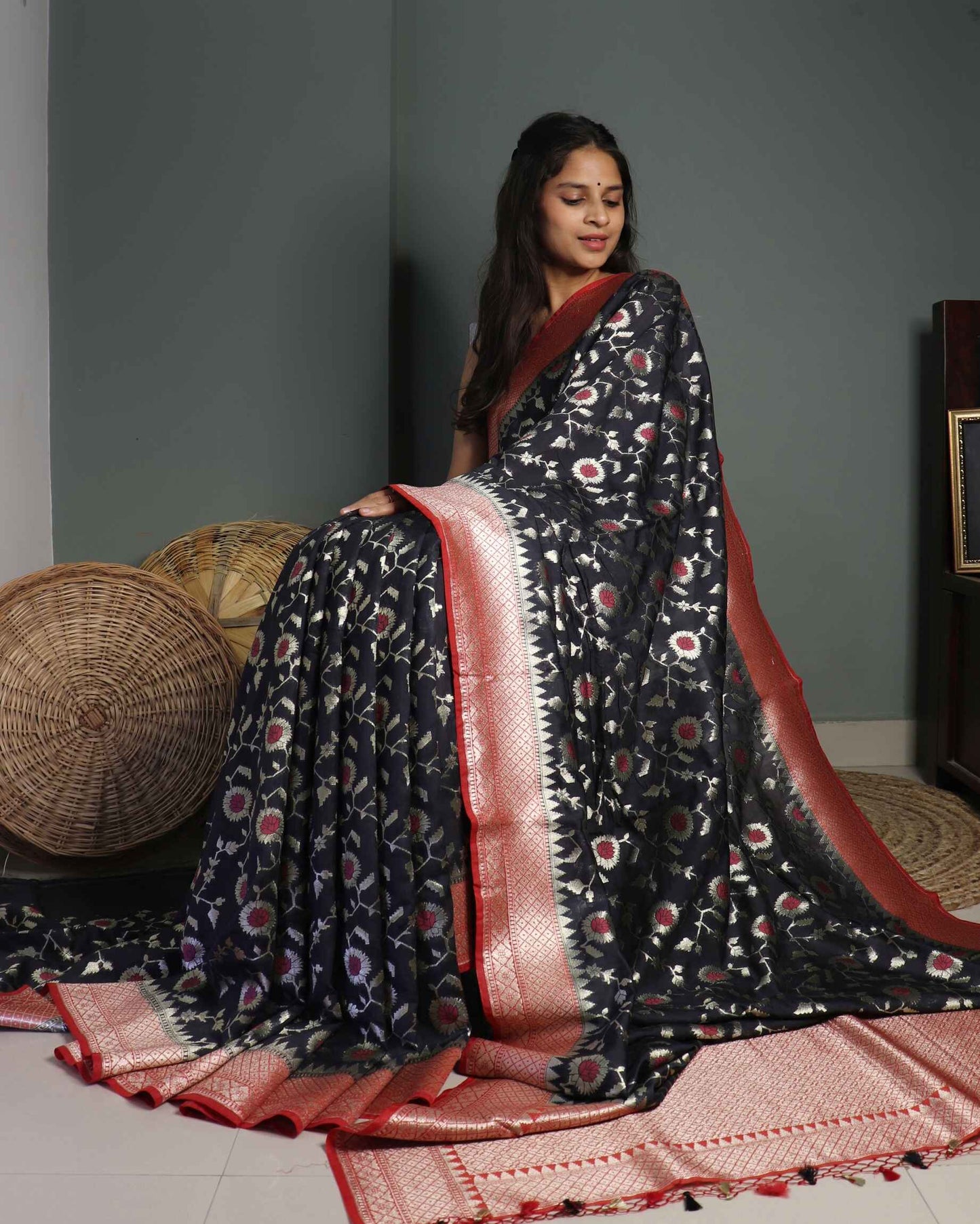Black Semi Muga Silk Saree