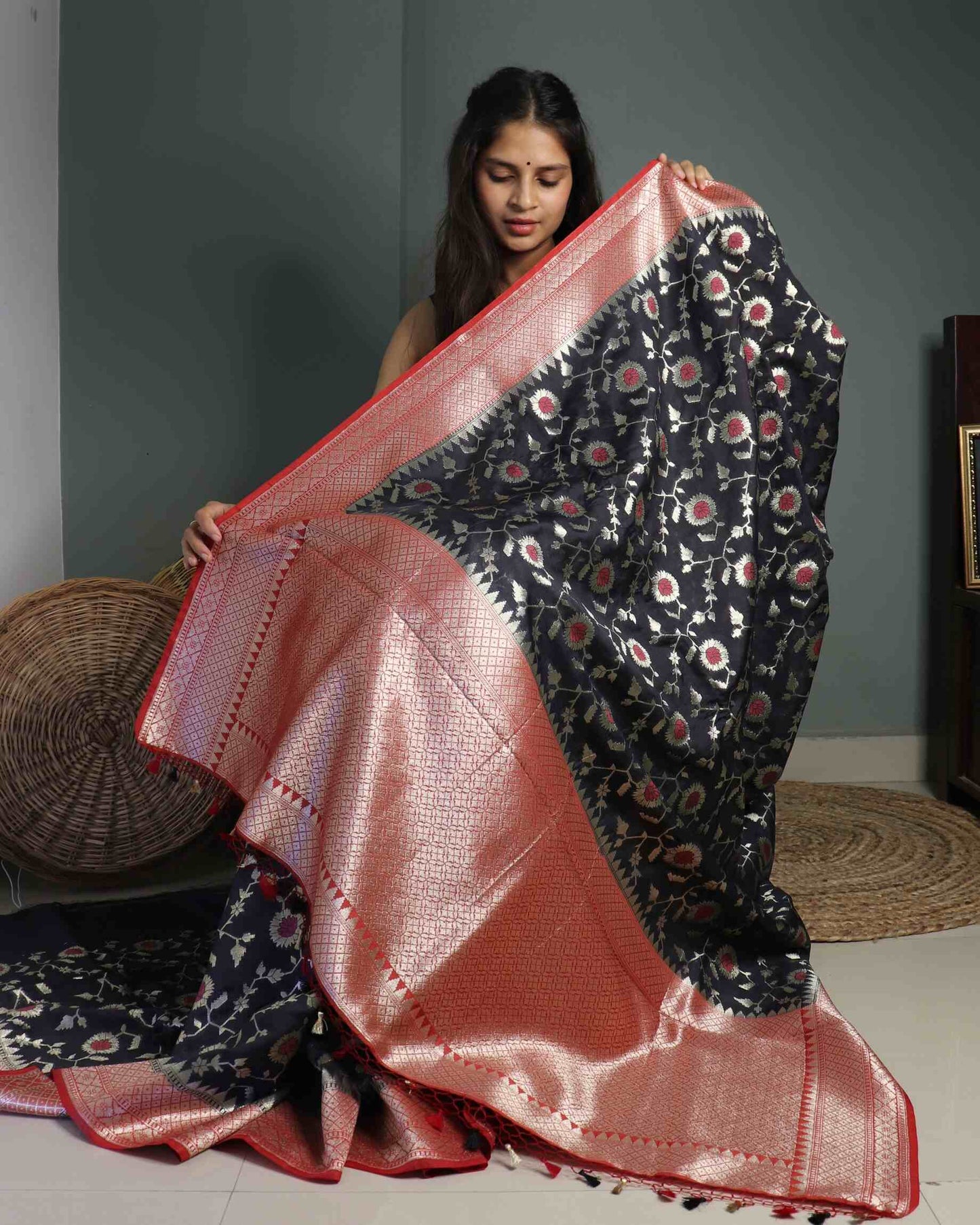 Black Semi Muga Silk Saree