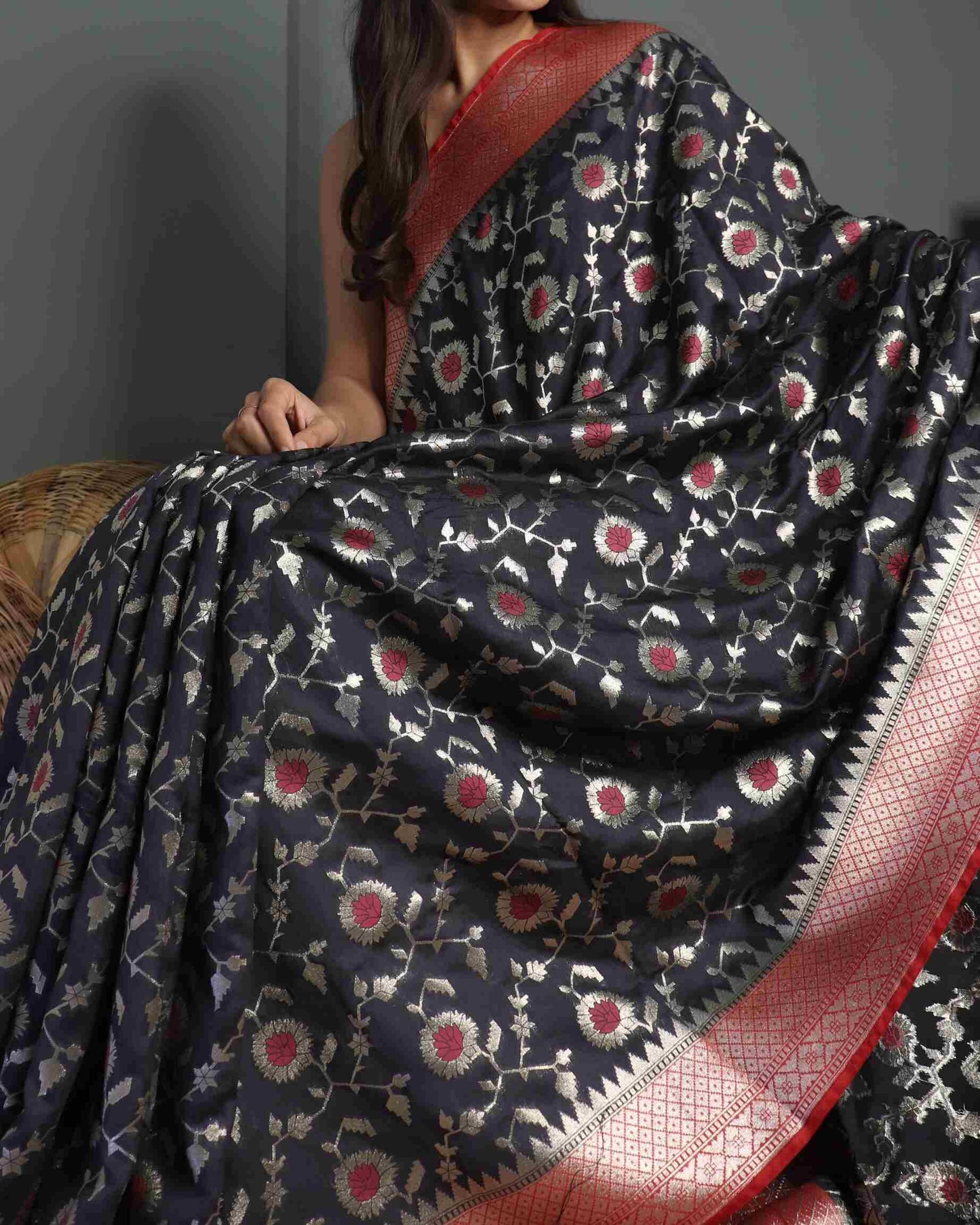 Black Semi Muga Silk Saree