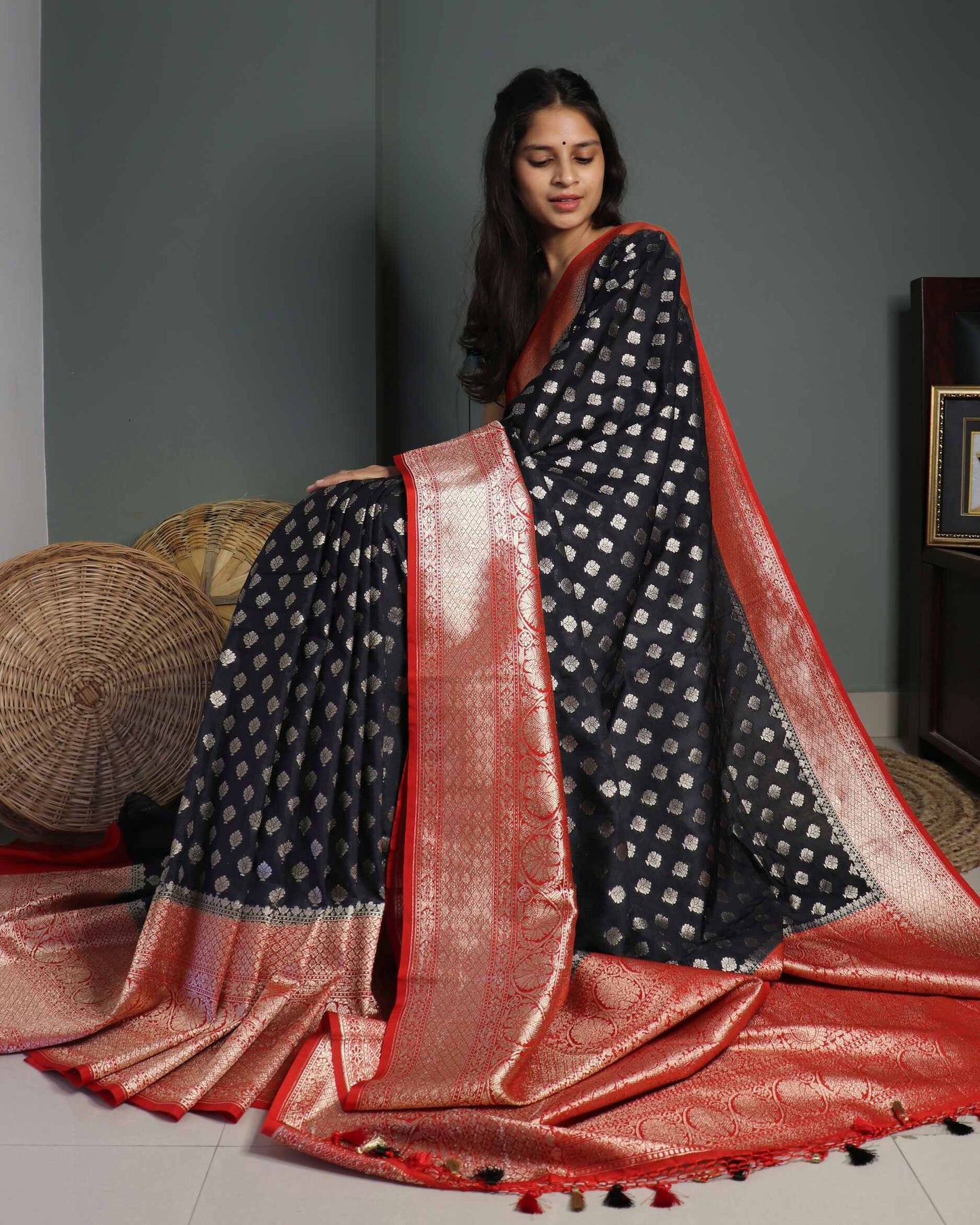 Black Semi Muga Silk Saree
