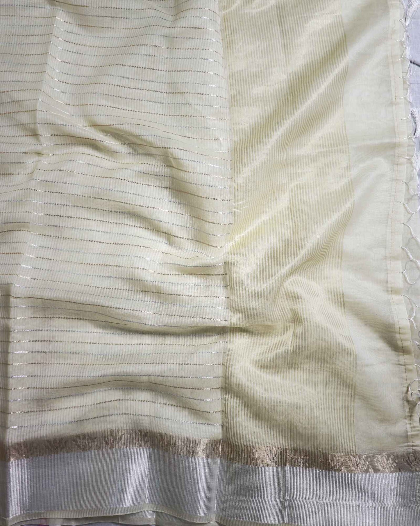 Off White Linen Striped Banarasi Saree