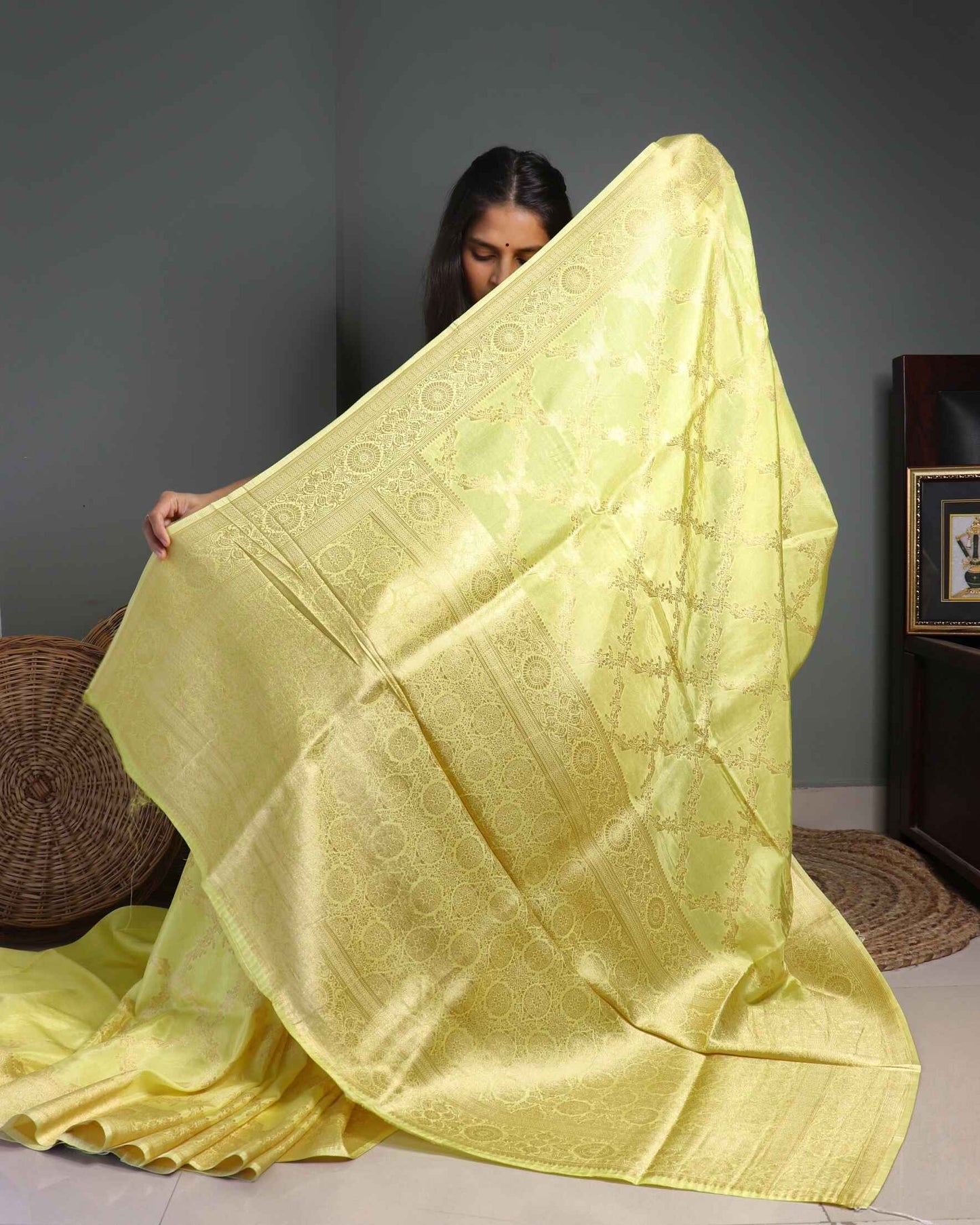 Yellow Crepe Georgette Banarasi Silk Saree