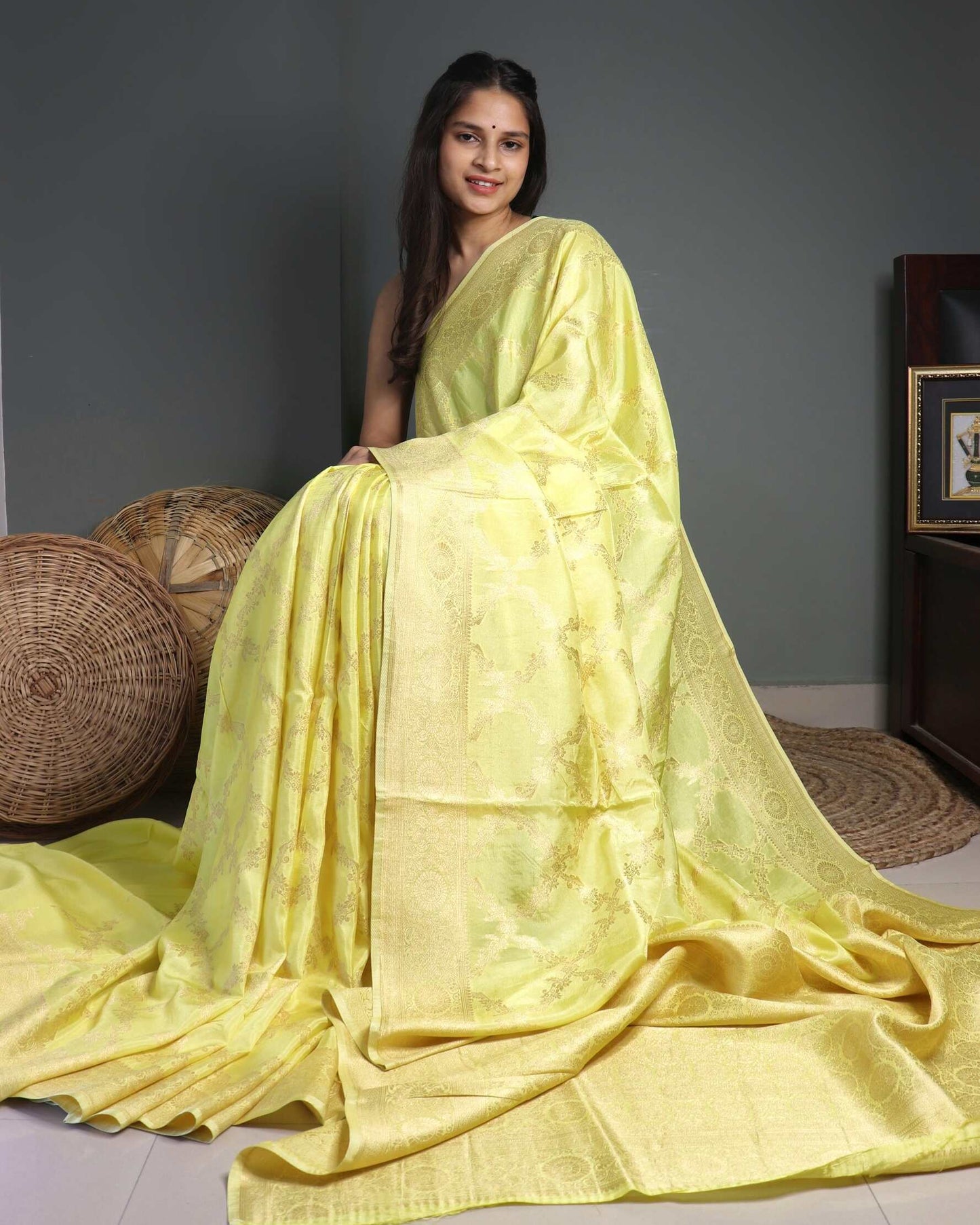 Yellow Crepe Georgette Banarasi Silk Saree
