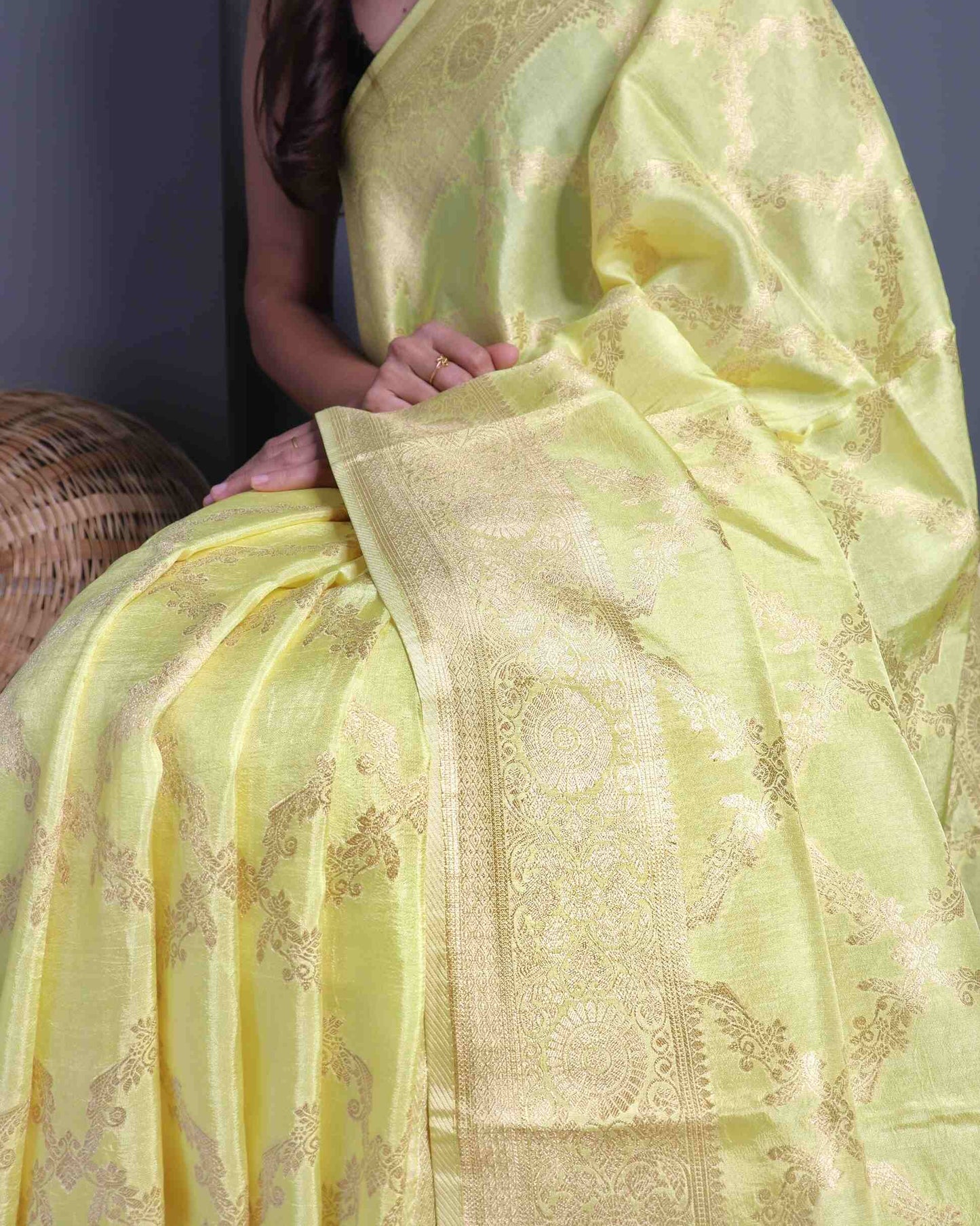 Yellow Crepe Georgette Banarasi Silk Saree