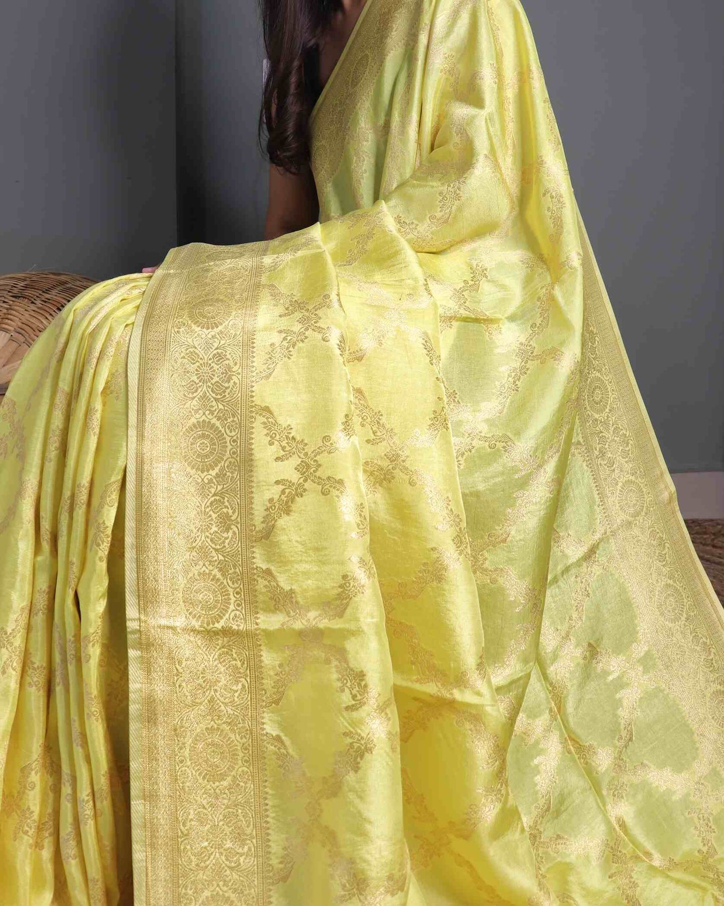 Yellow Crepe Georgette Banarasi Silk Saree