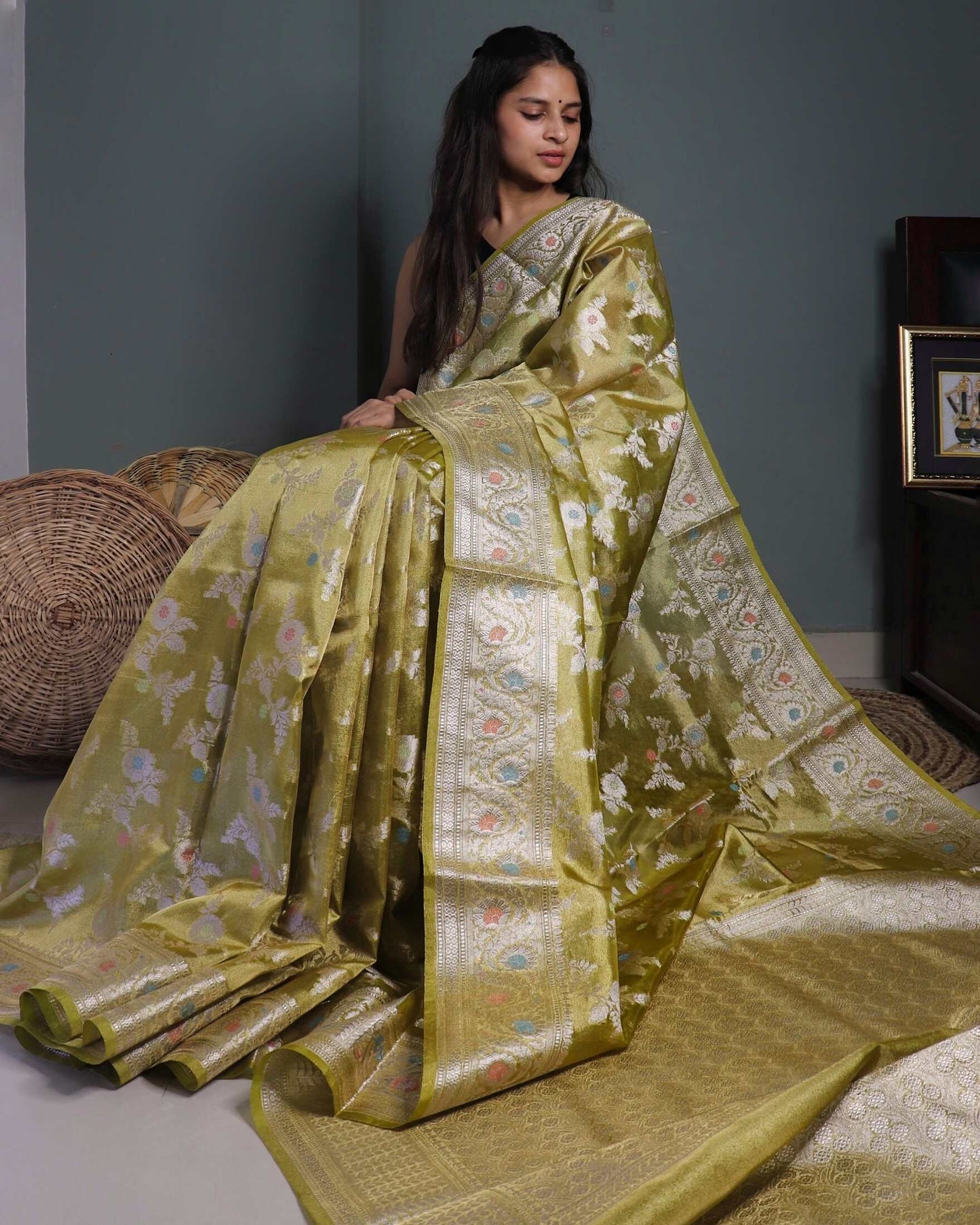 Olive Tissue Silk Banarasi Saree