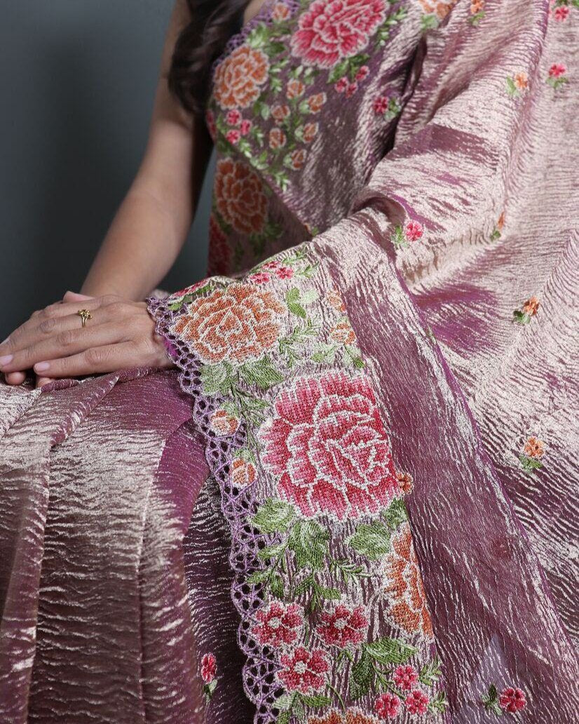 Onion Tissue Silk Embroidered Saree
