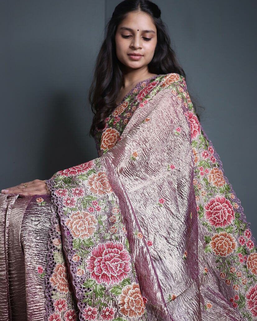 Onion Tissue Silk Embroidered Saree