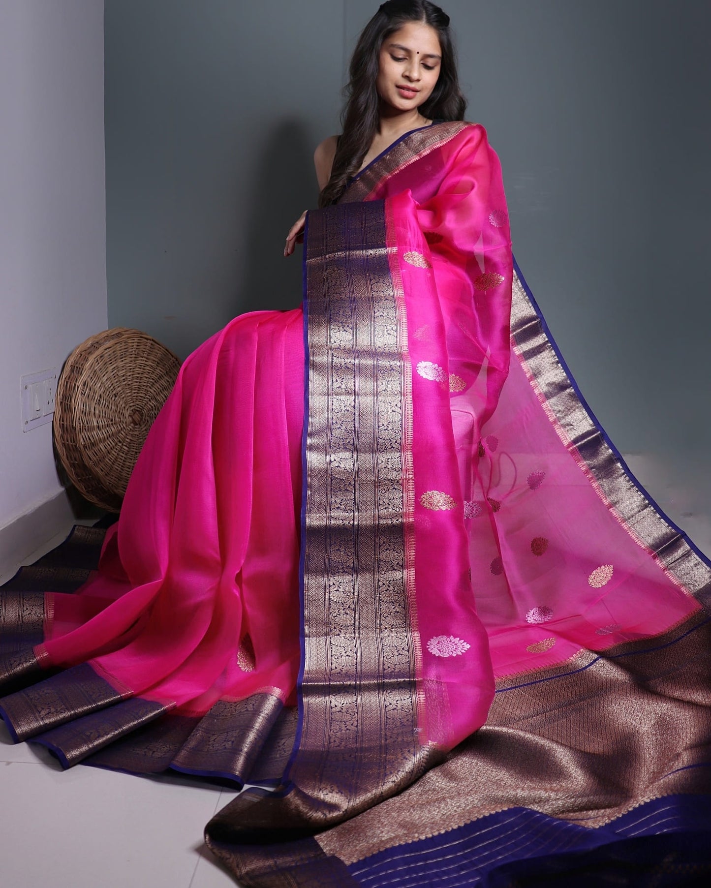 Rani Pink Pure Handloom Organza Silk Banarasi Saree