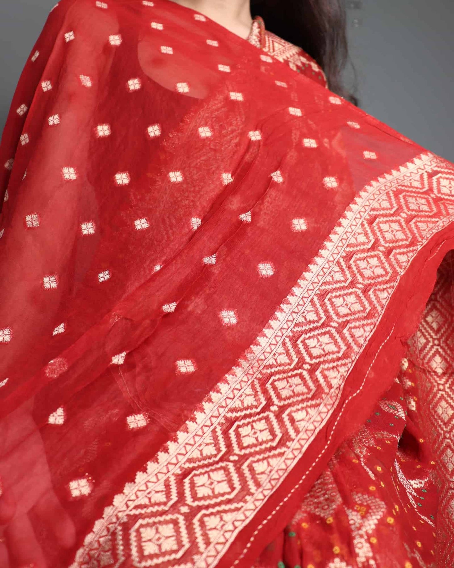 Rust Red Georgette Bhandhani Banarasi Saree