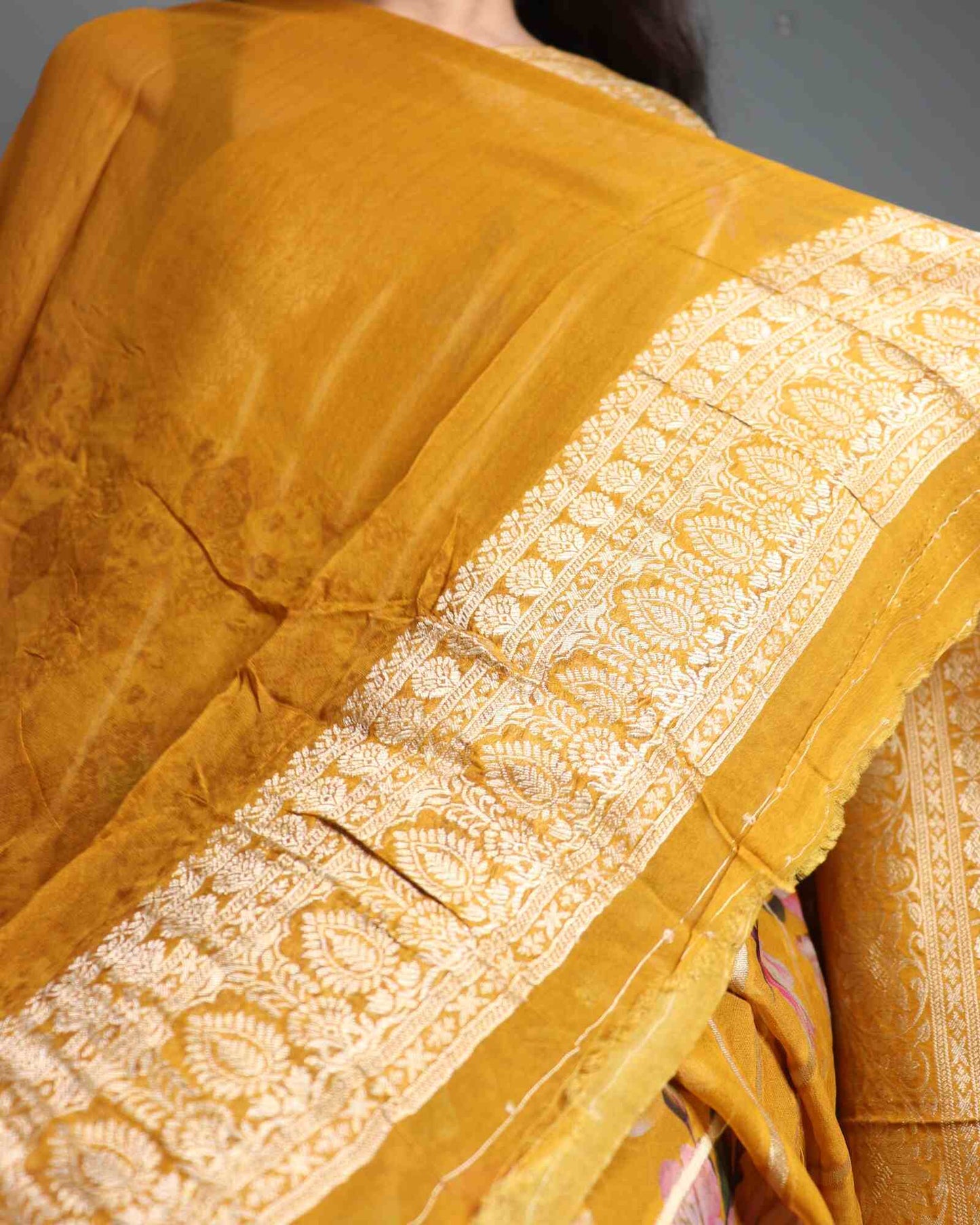 Mustard Georgette Banarasi Saree striped & floral Pattern