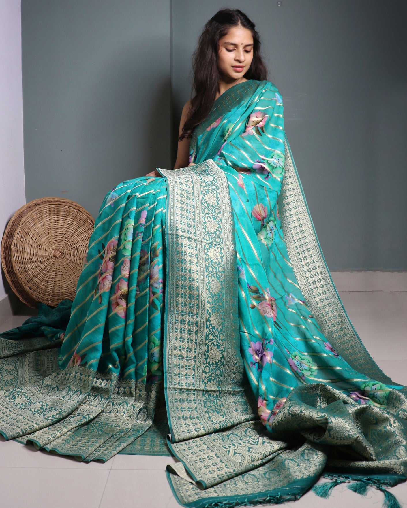 Green Georgette Banarasi Striped & Floral Saree