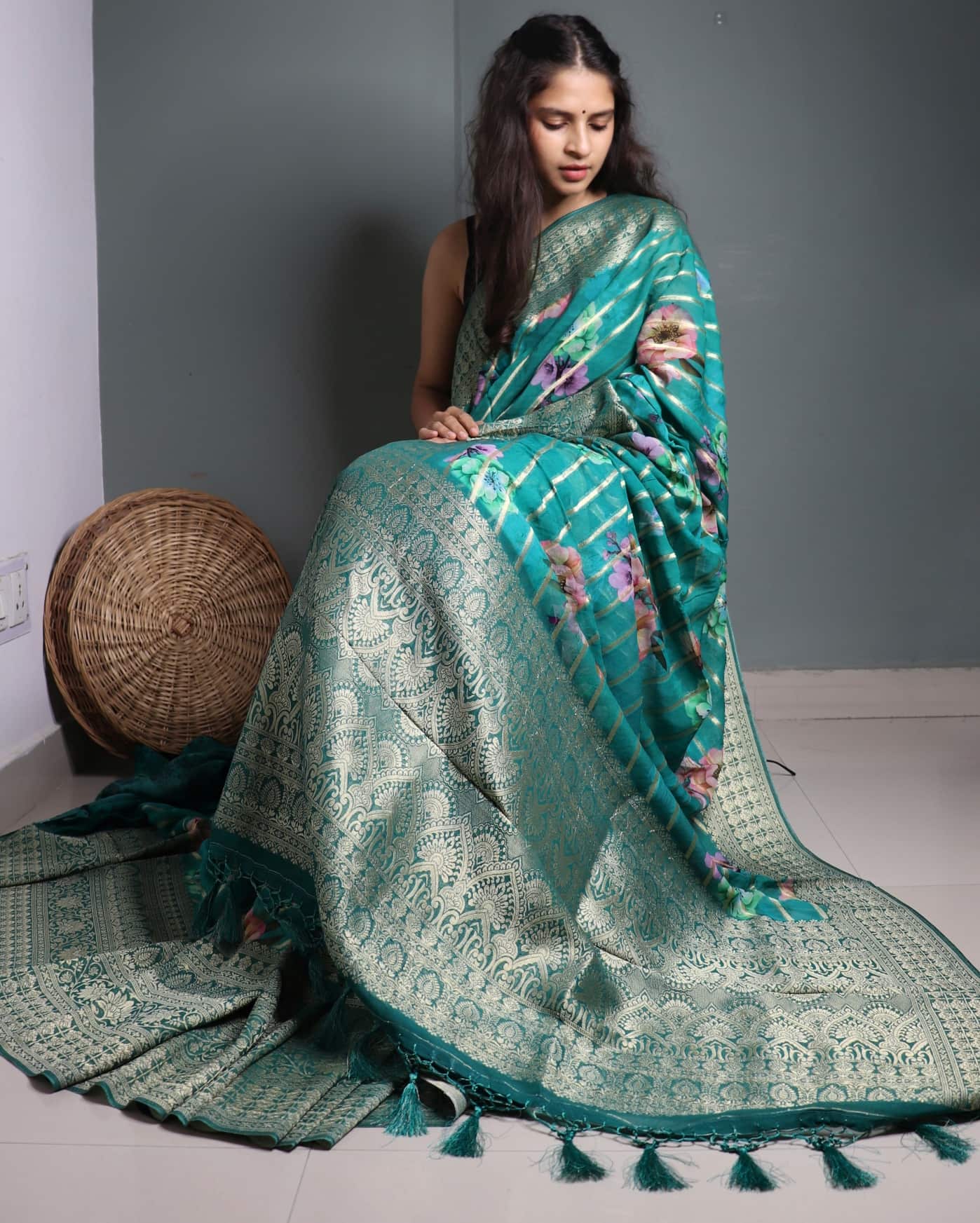 Green Georgette Banarasi Striped & Floral Saree
