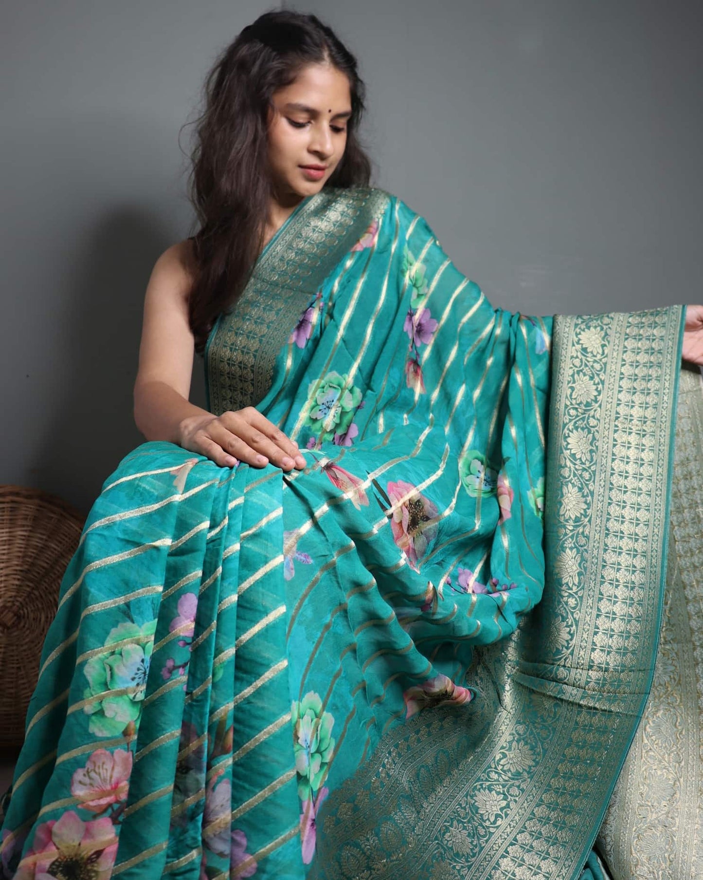 Green Georgette Banarasi Striped & Floral Saree