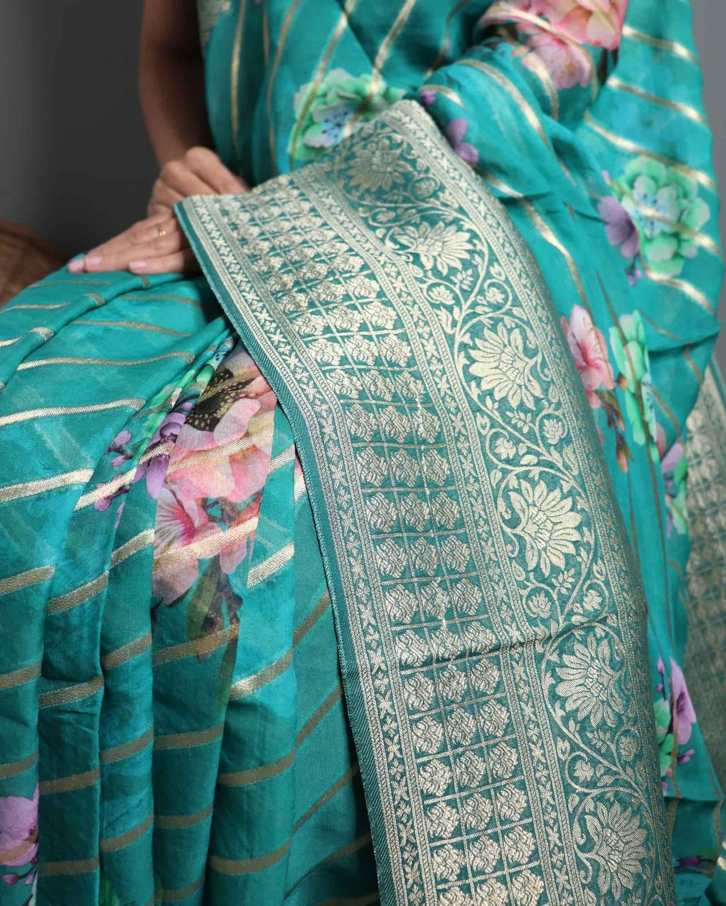 Green Georgette Banarasi Striped & Floral Saree