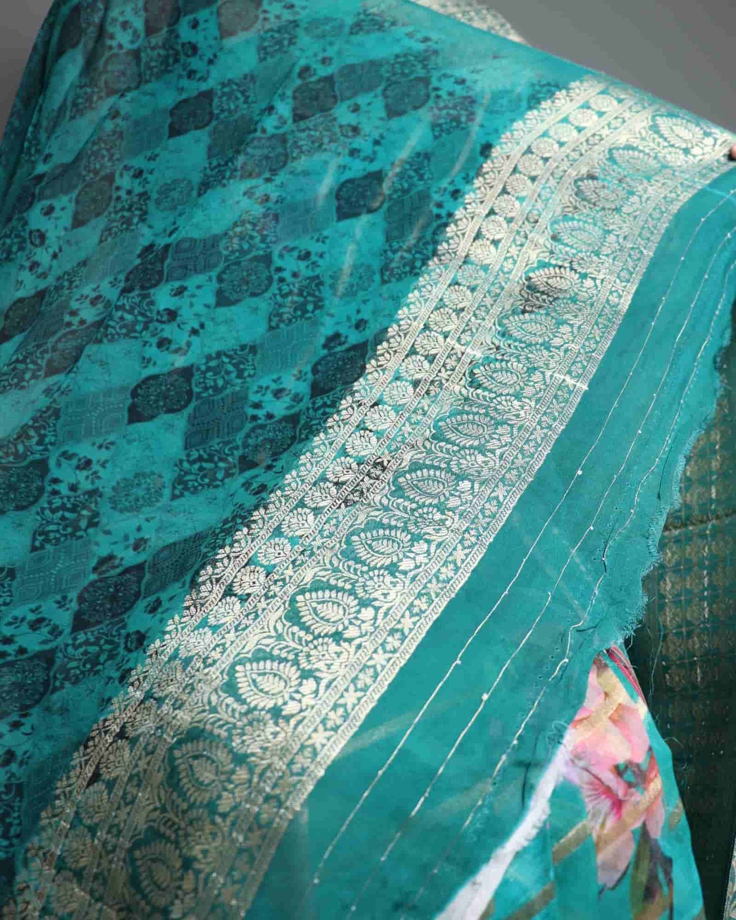 Green Georgette Banarasi Striped & Floral Saree
