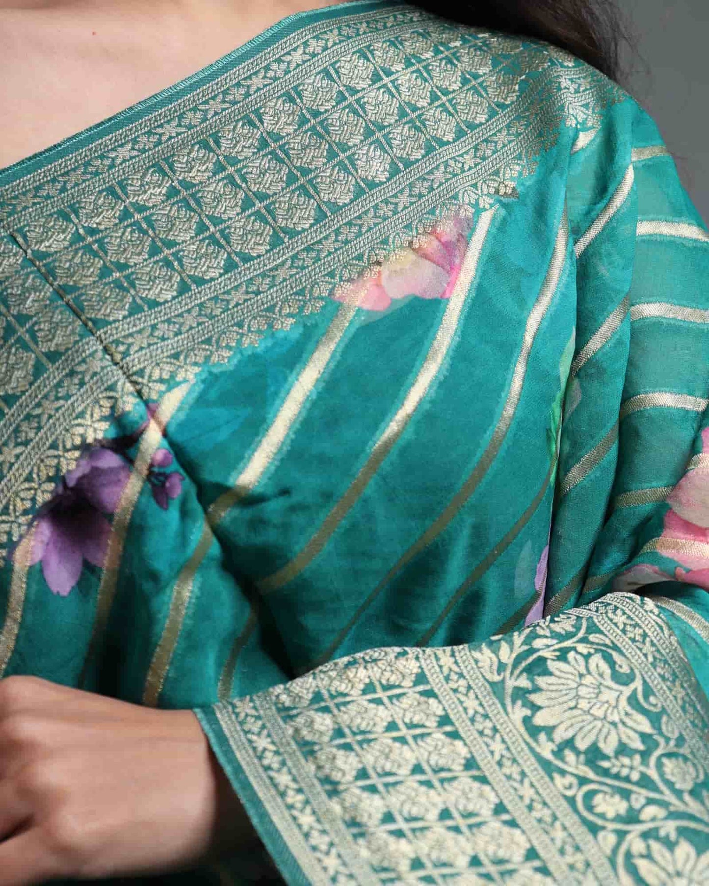 Green Georgette Banarasi Striped & Floral Saree