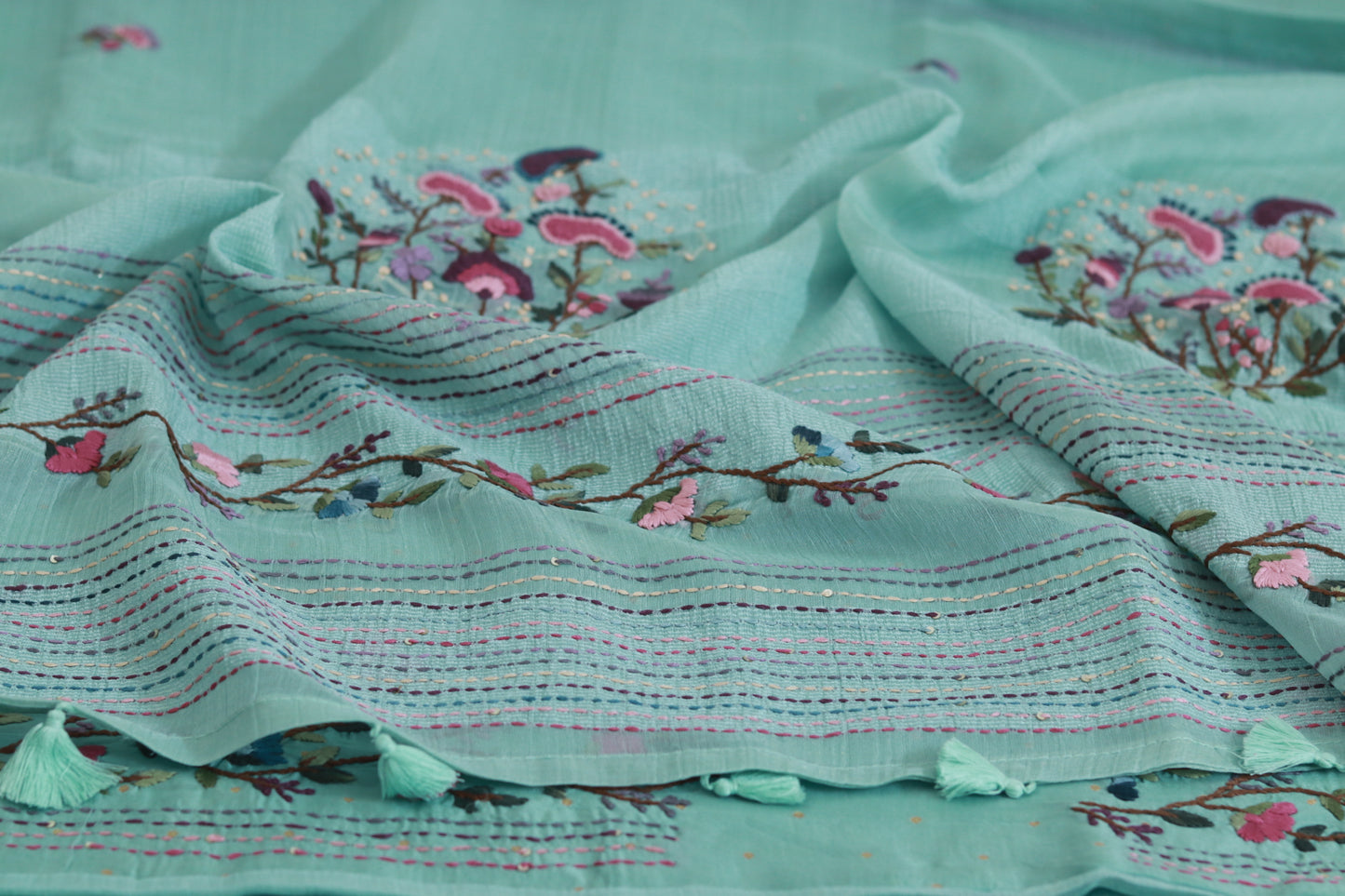 Sea Green Chiffon saree with embroidery work