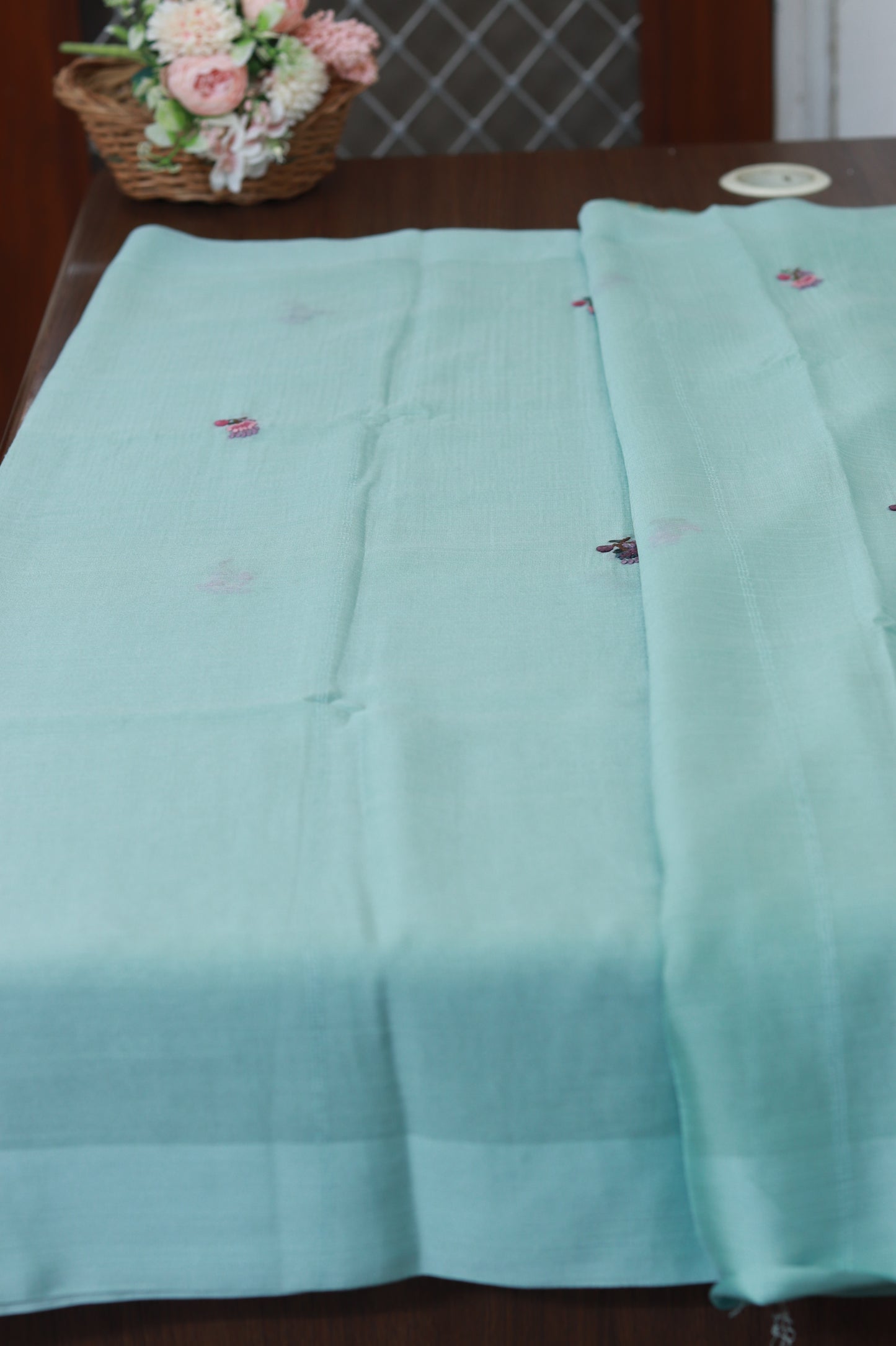 Sea Green Chiffon saree with embroidery work