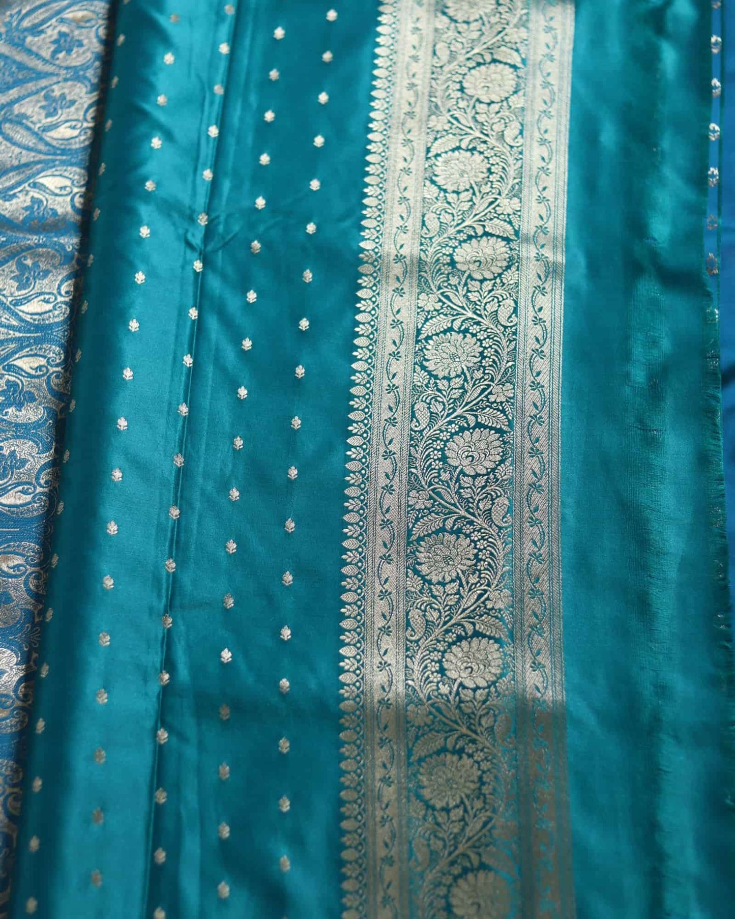 Green & Blue Semi Mashru Silk Rangkat Banarasi Saree