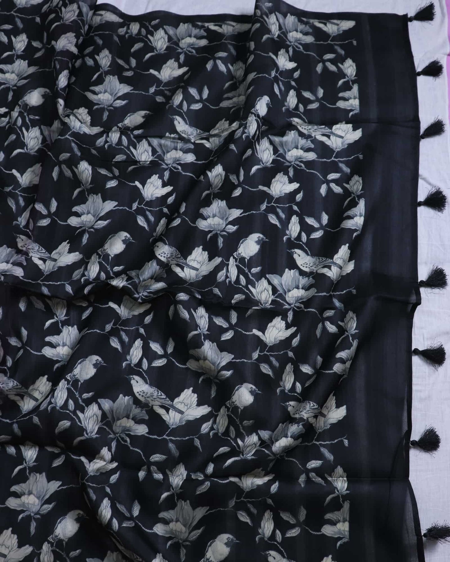 Black Printed Kora Silk Saree