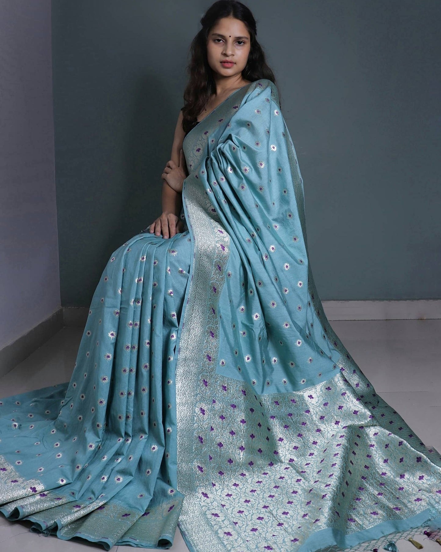 Blue Semi Muga Silk Banarasi Saree