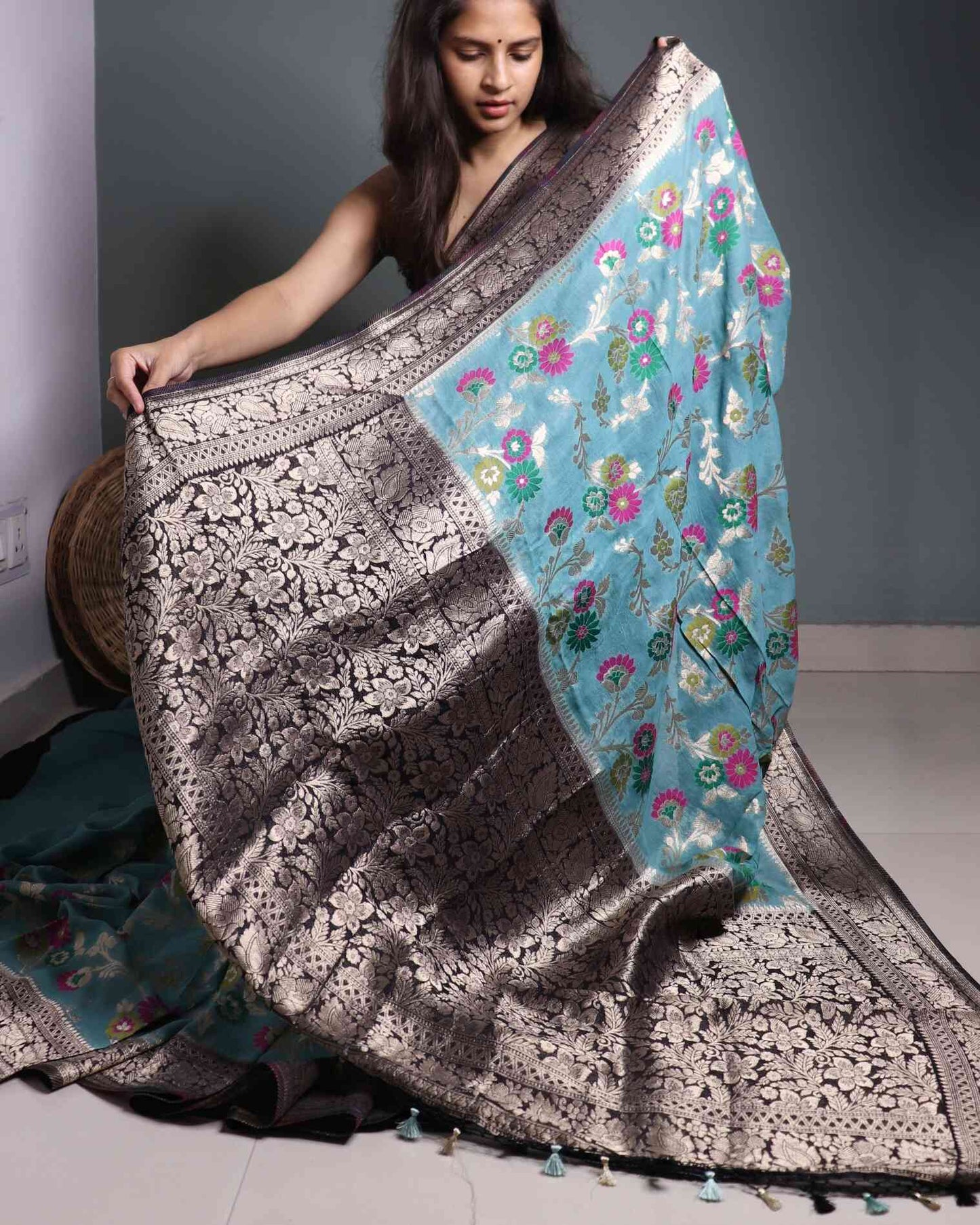 Ash Blue Georgette Banarasi Saree  Meenakari Jaal Pattern