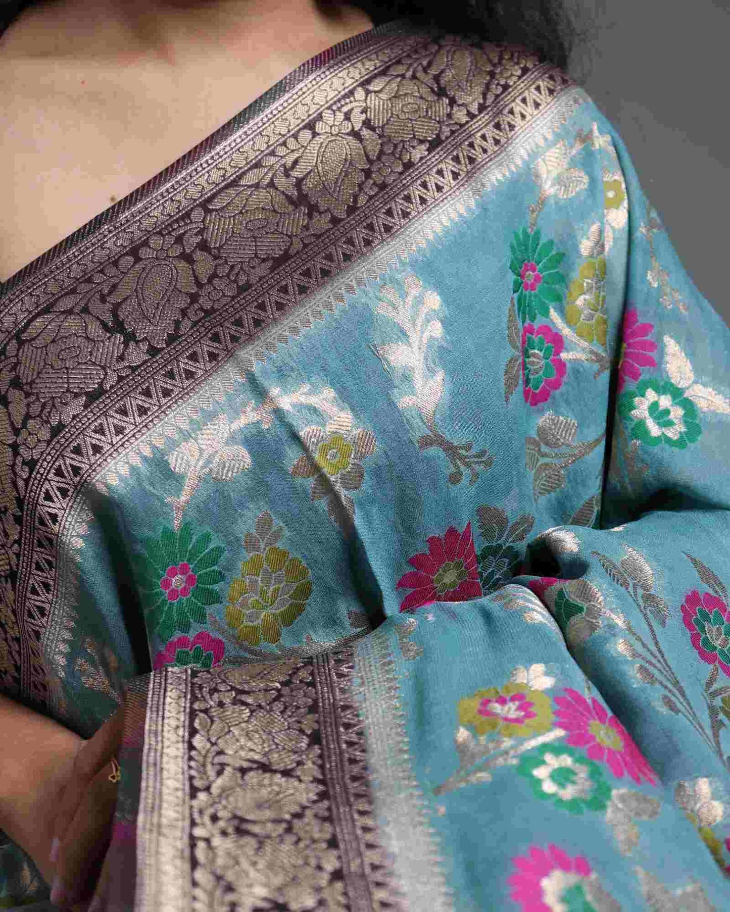 Ash Blue Georgette Banarasi Saree  Meenakari Jaal Pattern