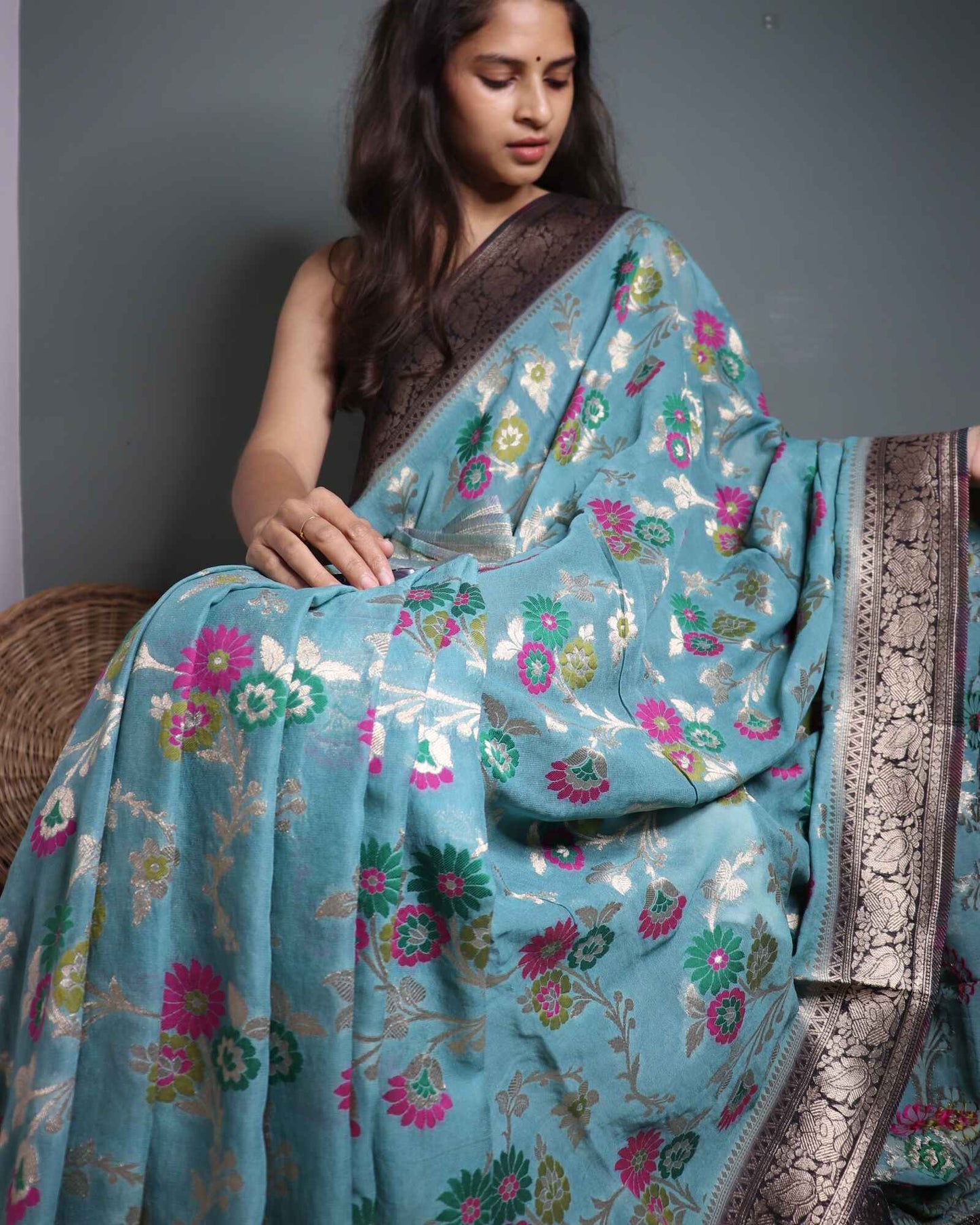 Ash Blue Georgette Banarasi Saree  Meenakari Jaal Pattern