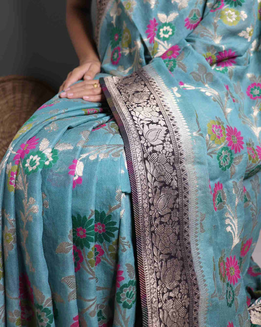 Ash Blue Georgette Banarasi Saree  Meenakari Jaal Pattern