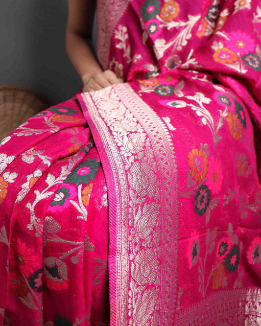 Pink Georgette Banarasi Saree Meenakari Jaal Pattern