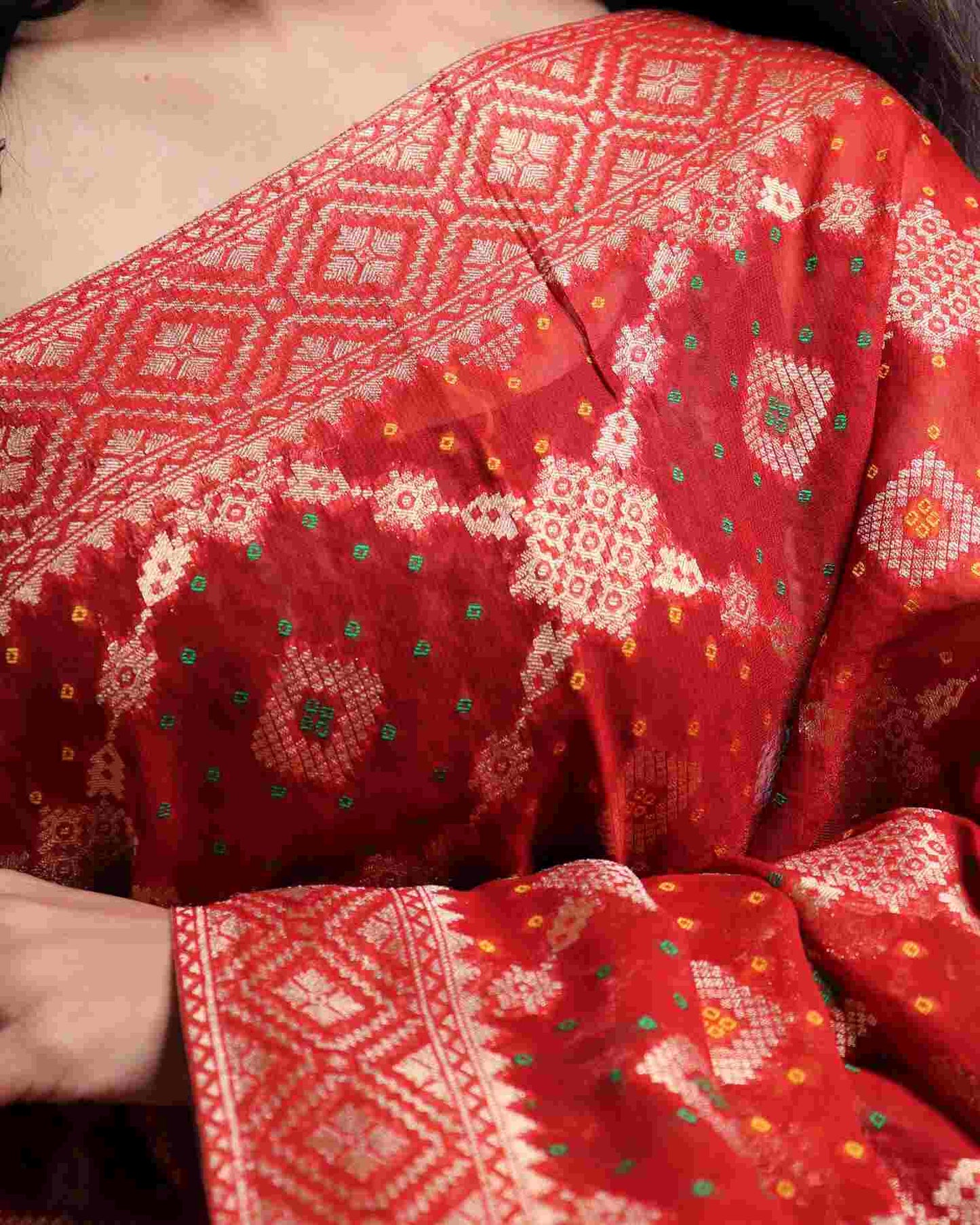 Rust Red Georgette Bhandhani Banarasi Saree