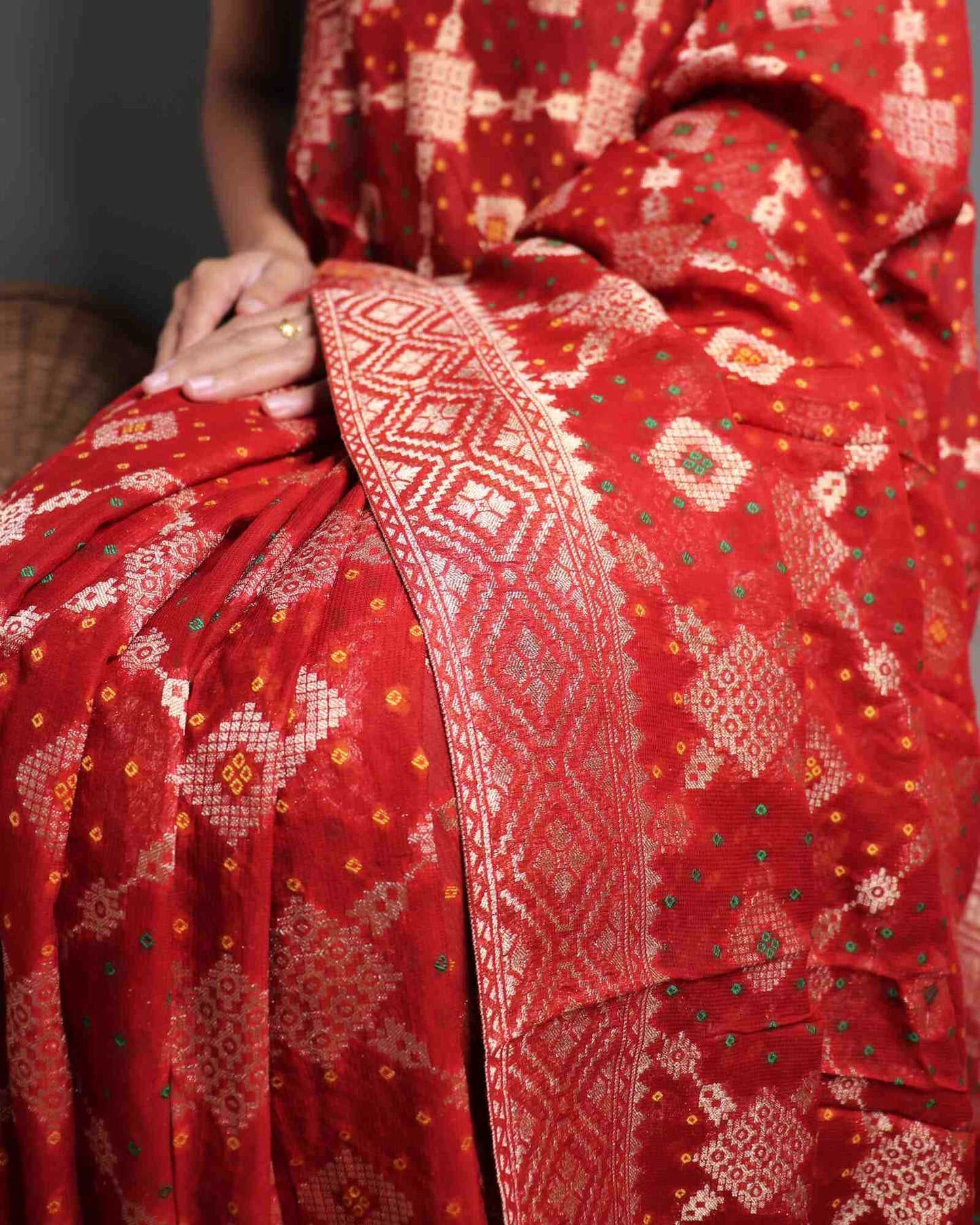 Rust Red Georgette Bhandhani Banarasi Saree