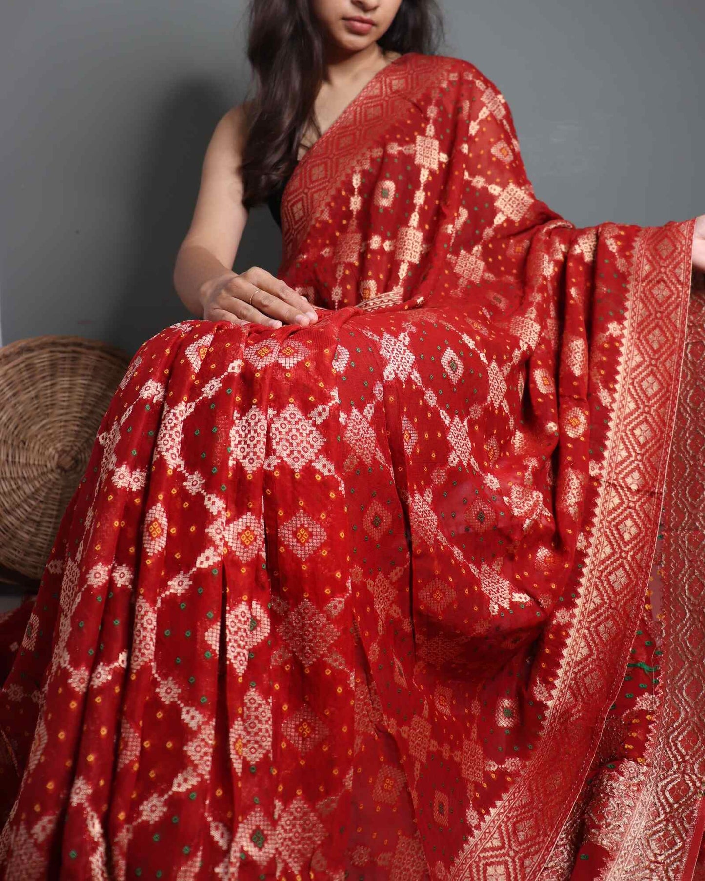 Rust Red Georgette Bhandhani Banarasi Saree