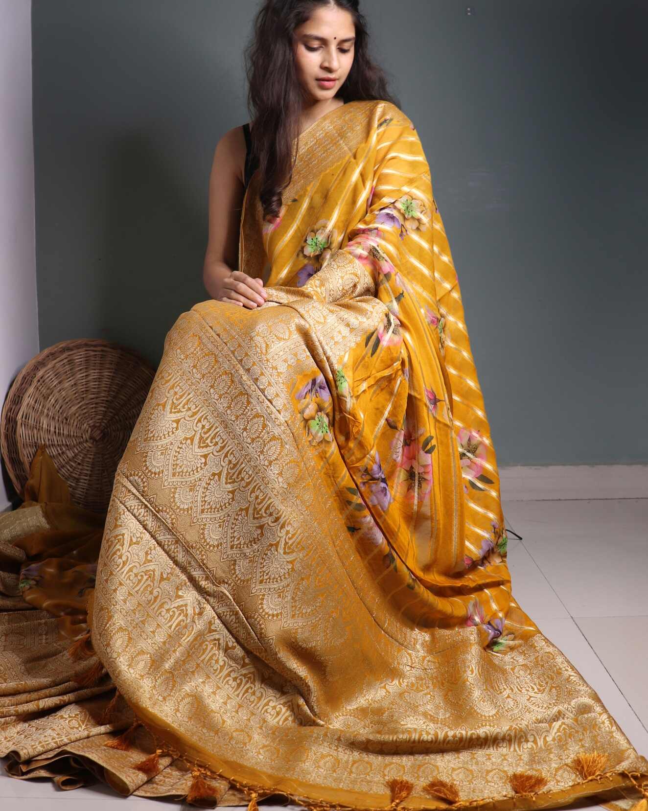 Mustard Georgette Banarasi Saree striped & floral Pattern