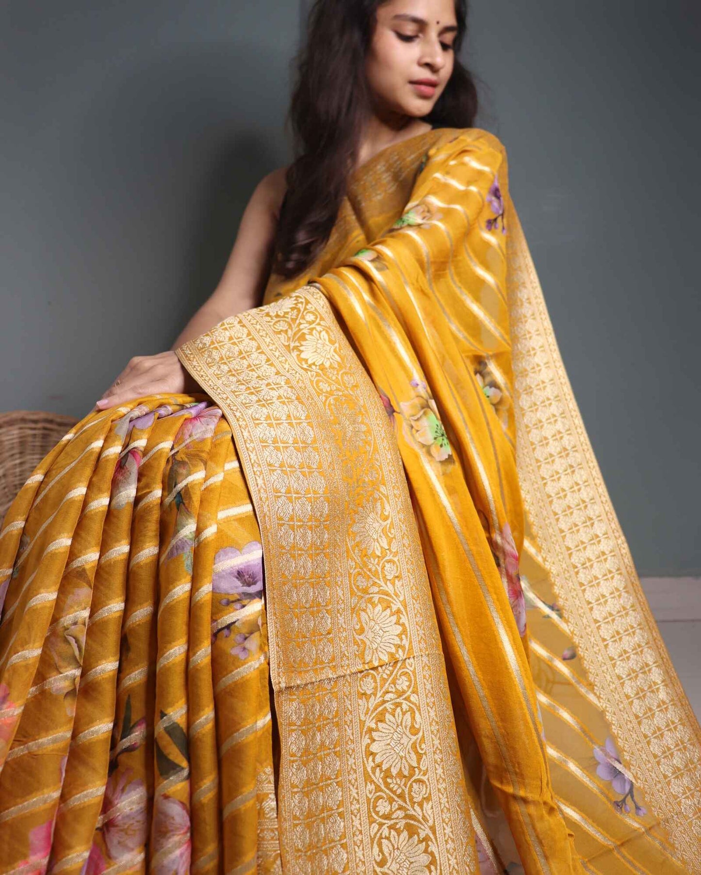 Mustard Georgette Banarasi Saree striped & floral Pattern
