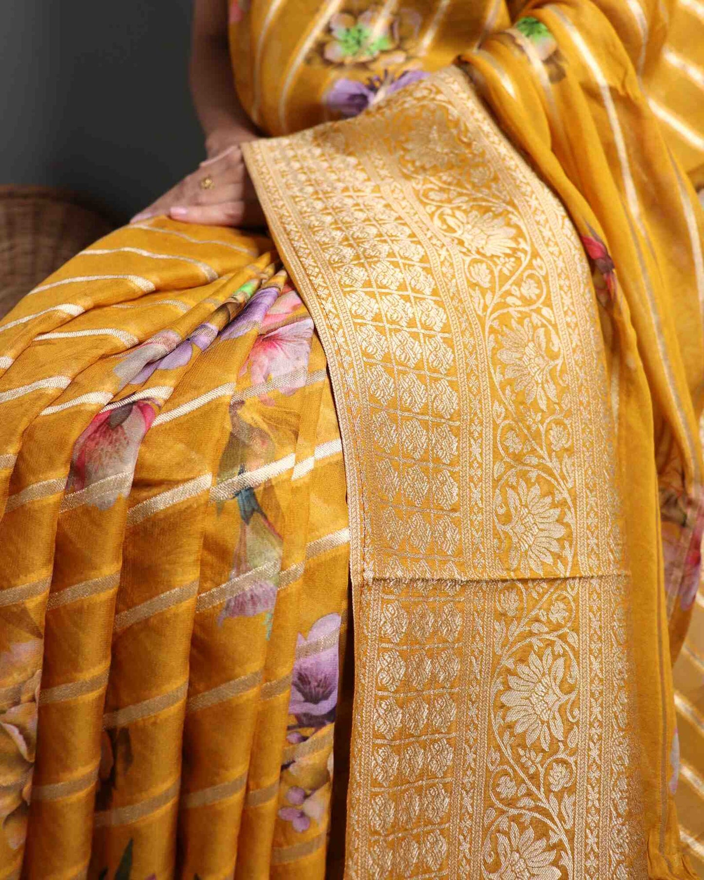 Mustard Georgette Banarasi Saree striped & floral Pattern