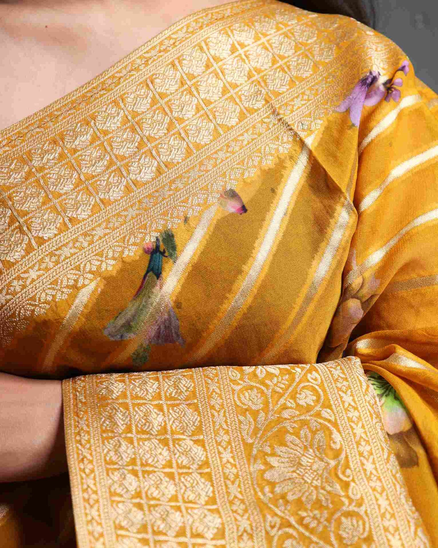 Mustard Georgette Banarasi Saree striped & floral Pattern