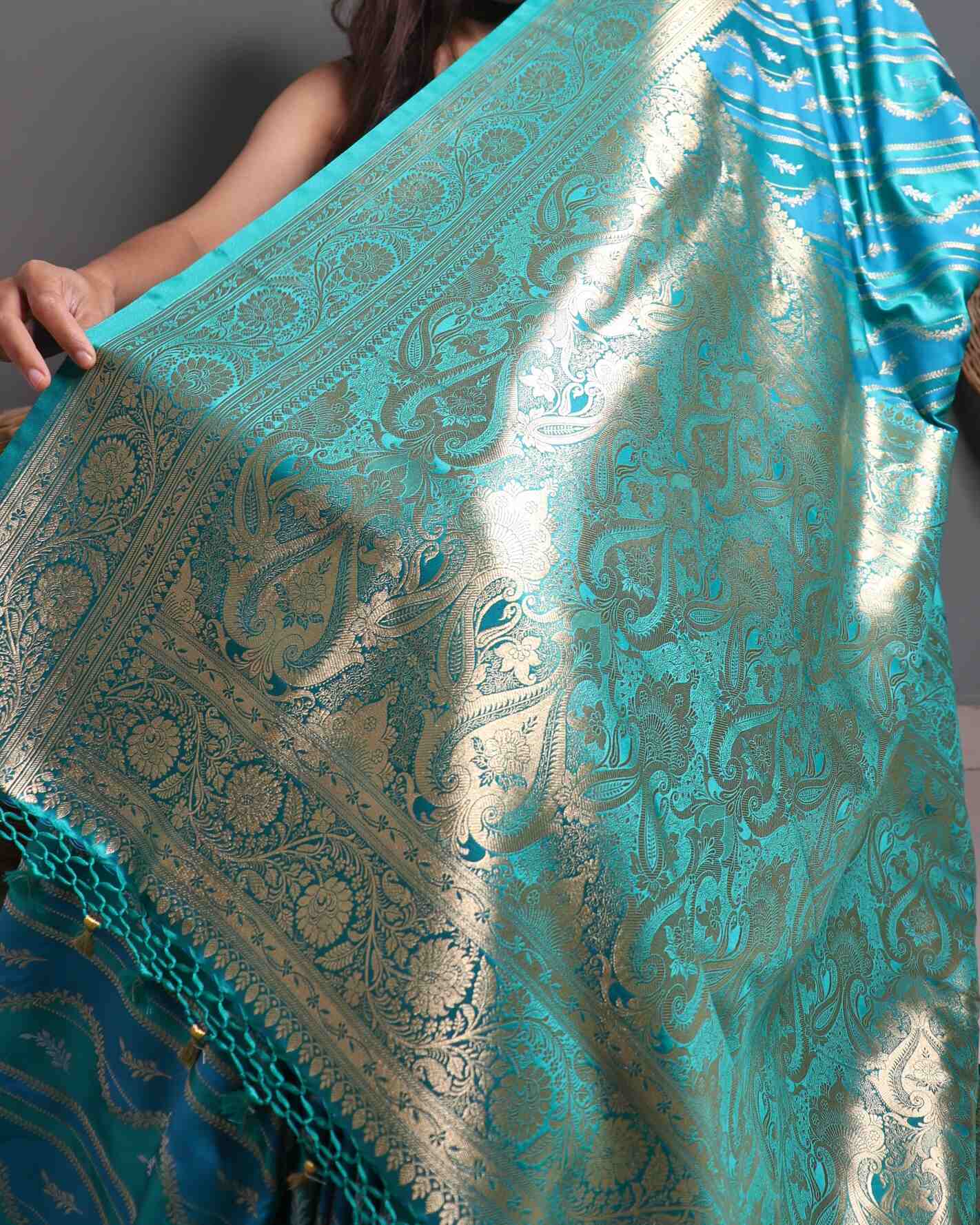 Green & Blue Semi Mashru Silk Rangkat Banarasi Saree