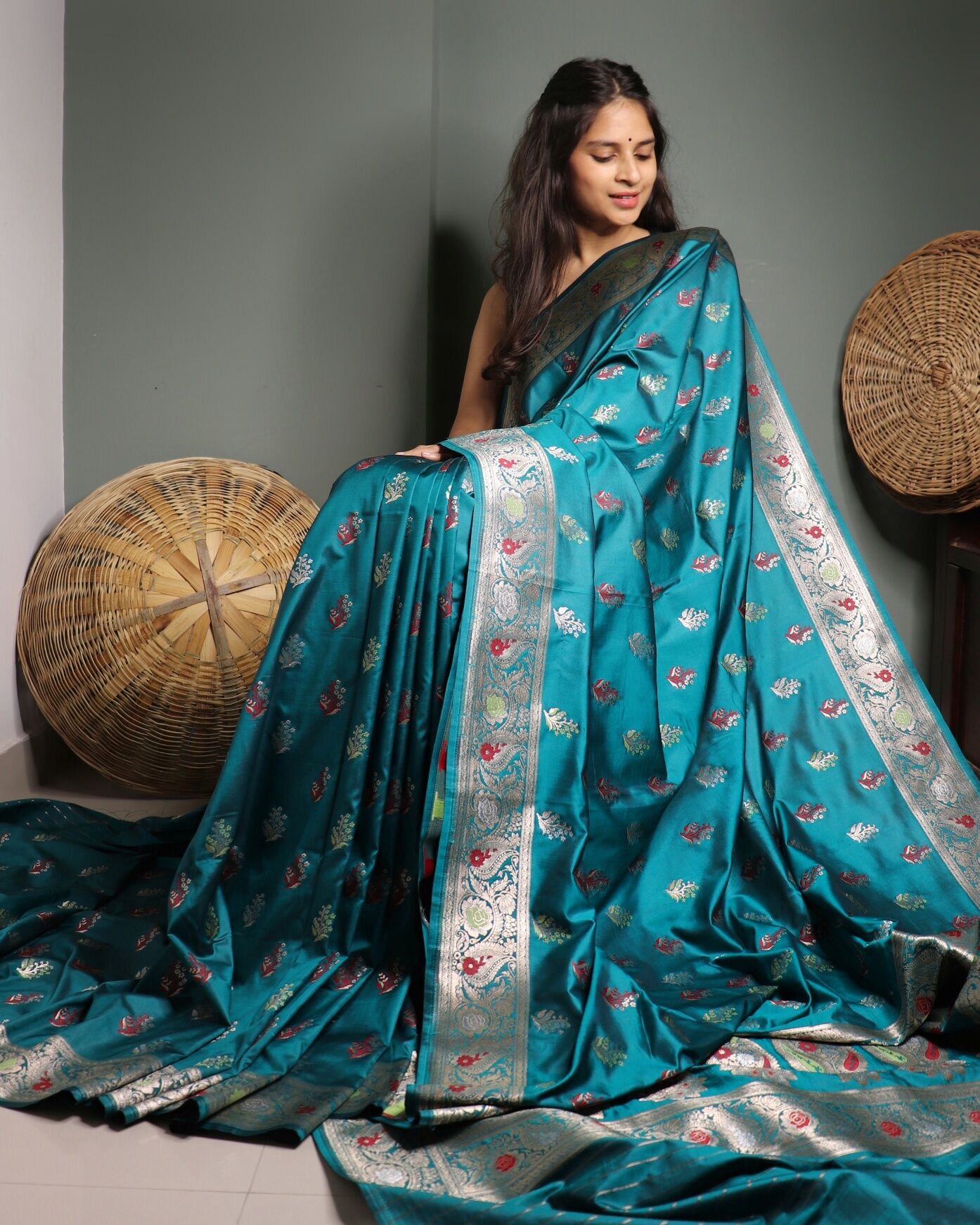 Teal Green Semi Katan Silk Saree