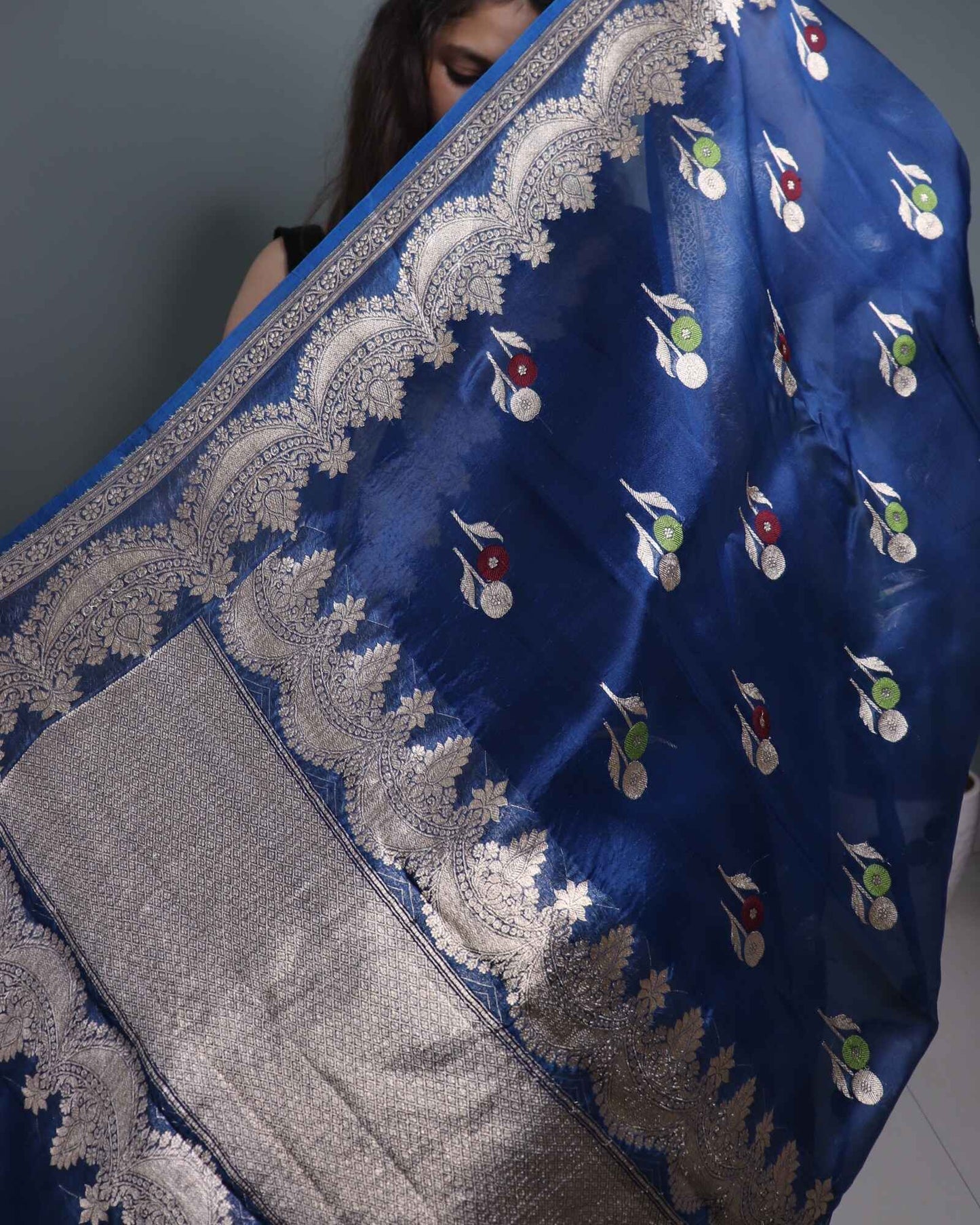 Navy Blue Pure Handloom Kora Silk Banarasi Saree