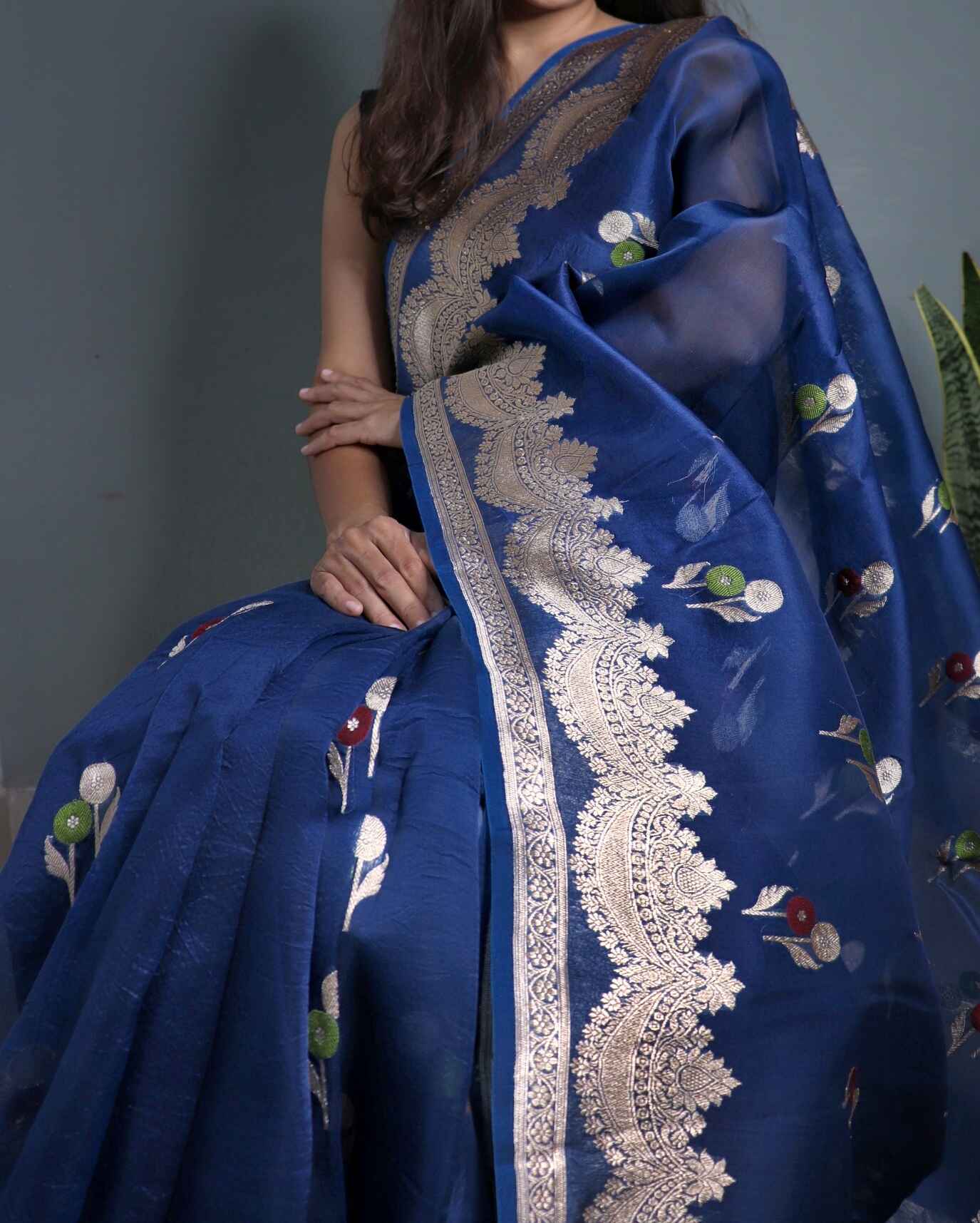 Navy Blue Pure Handloom Kora Silk Banarasi Saree
