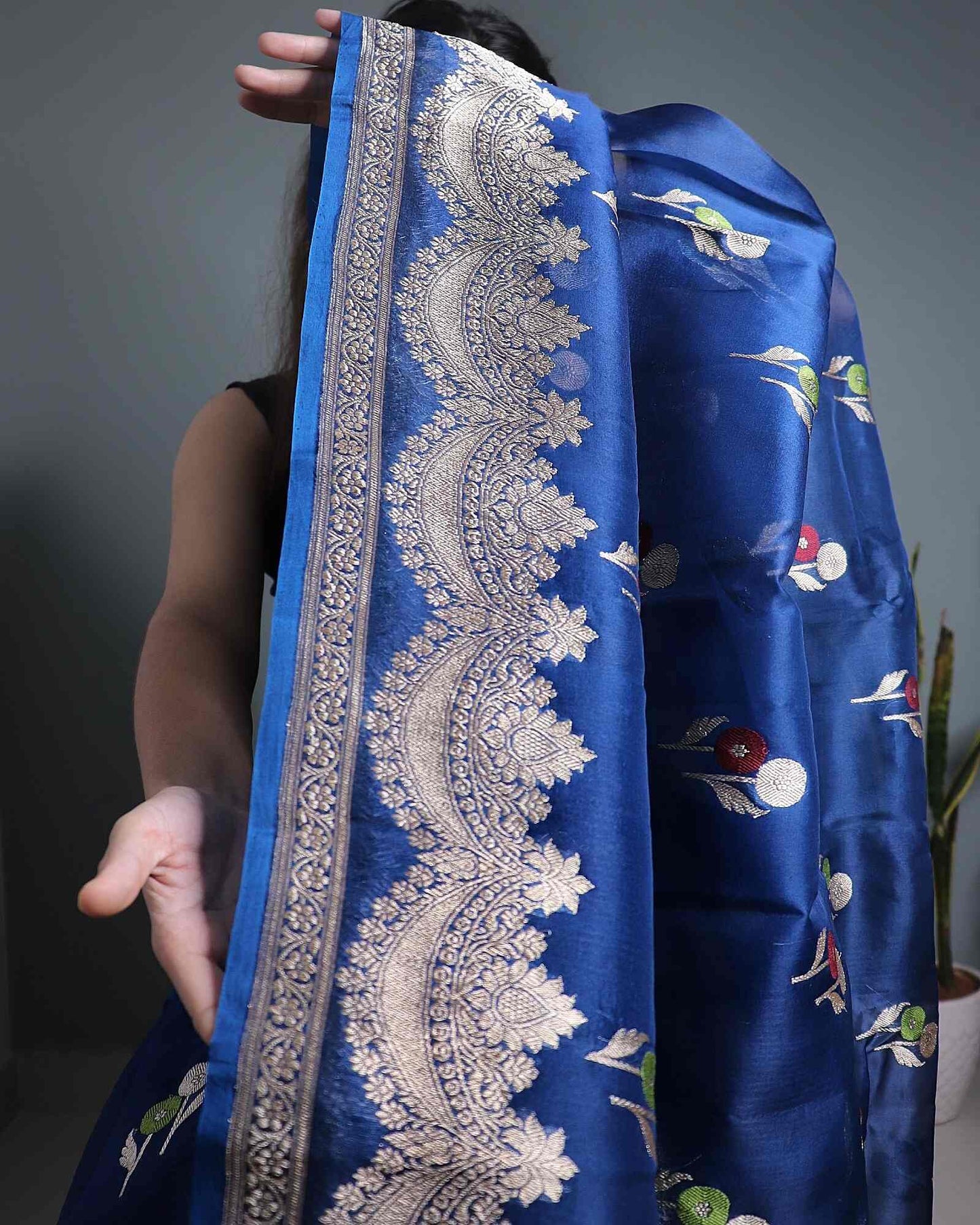 Navy Blue Pure Handloom Kora Silk Banarasi Saree